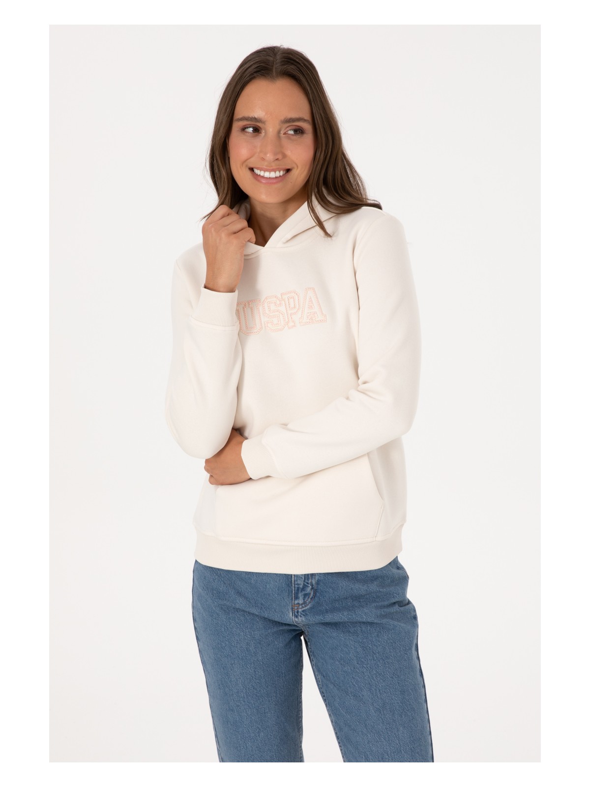 U.S. Polo Assn. Kadın Krem Şardonlu Kapüşonlu Basic Sweatshirt 50313566-VR071
