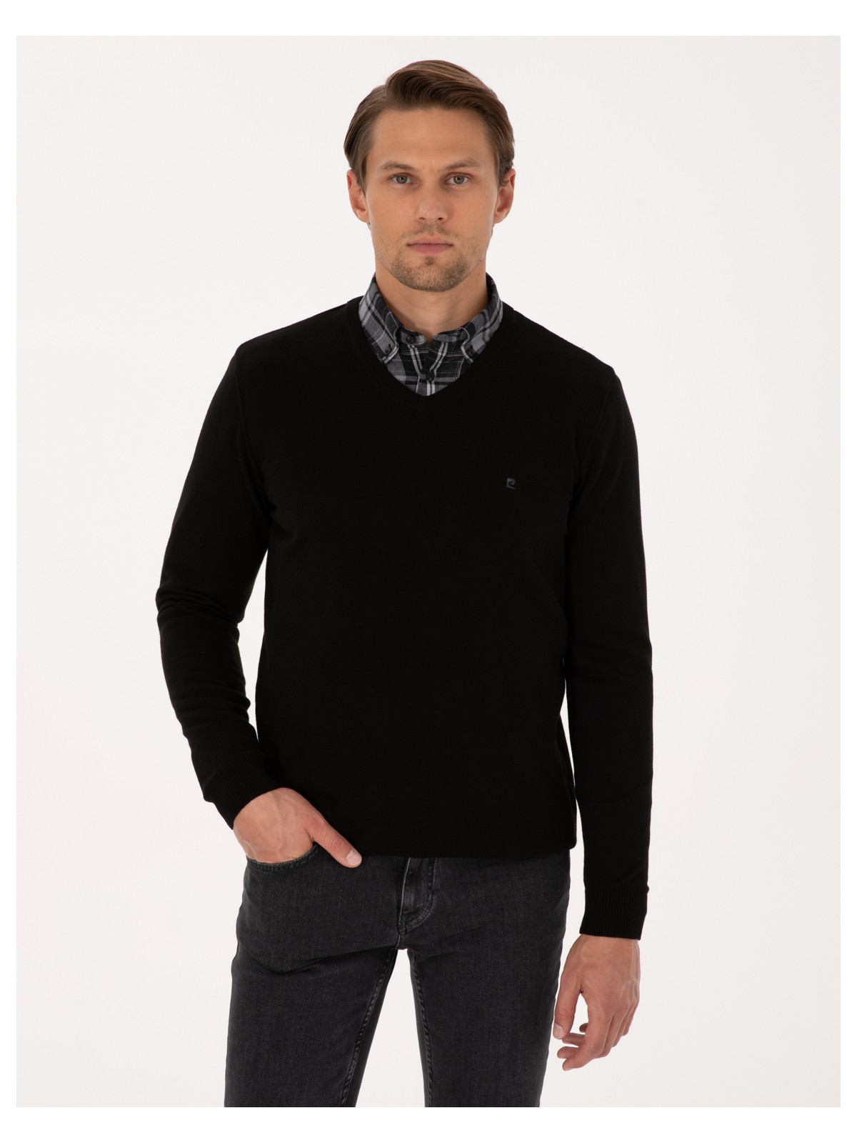 Pierre Cardin Erkek Siyah Slim Fit V Yaka Basic Triko Kazak 50314190-VR046