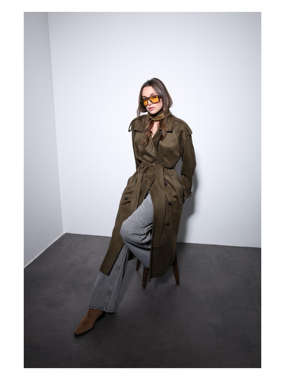 Antioch Haki Kruvaze Süet Görünümlü Premium Kadın Trençkot