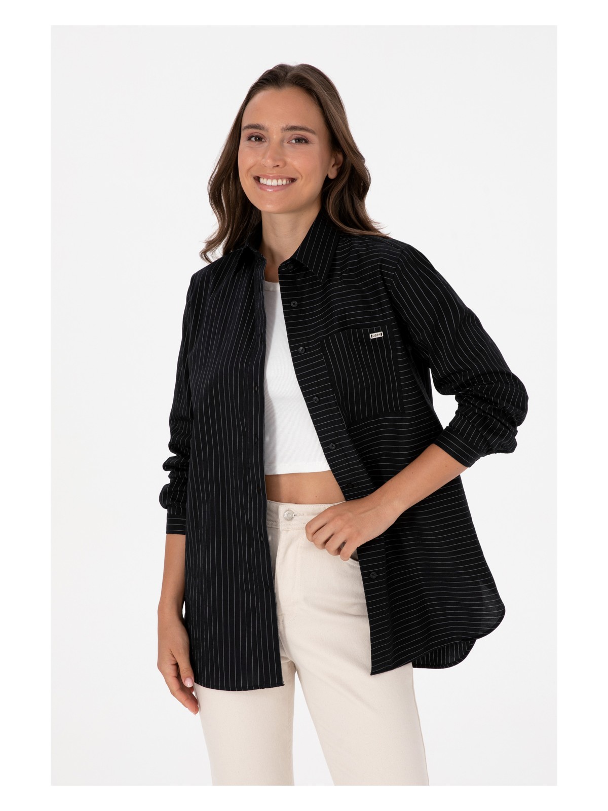 U.S. Polo Assn. Kadın İndigo Uzun Kollu Çizgili Gömlek 50316387-VR028 - Görsel 5