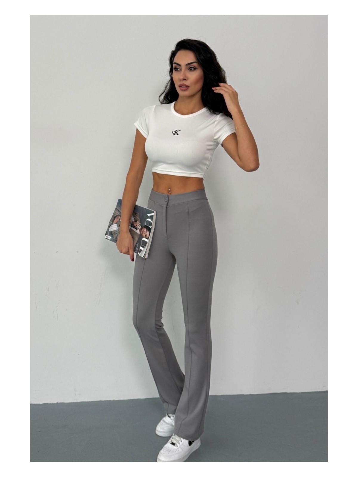 Thiff Krep Kumaş Likralı Önü Çimalı Siyah Kadın Palazzo Pantolon - Görsel 7