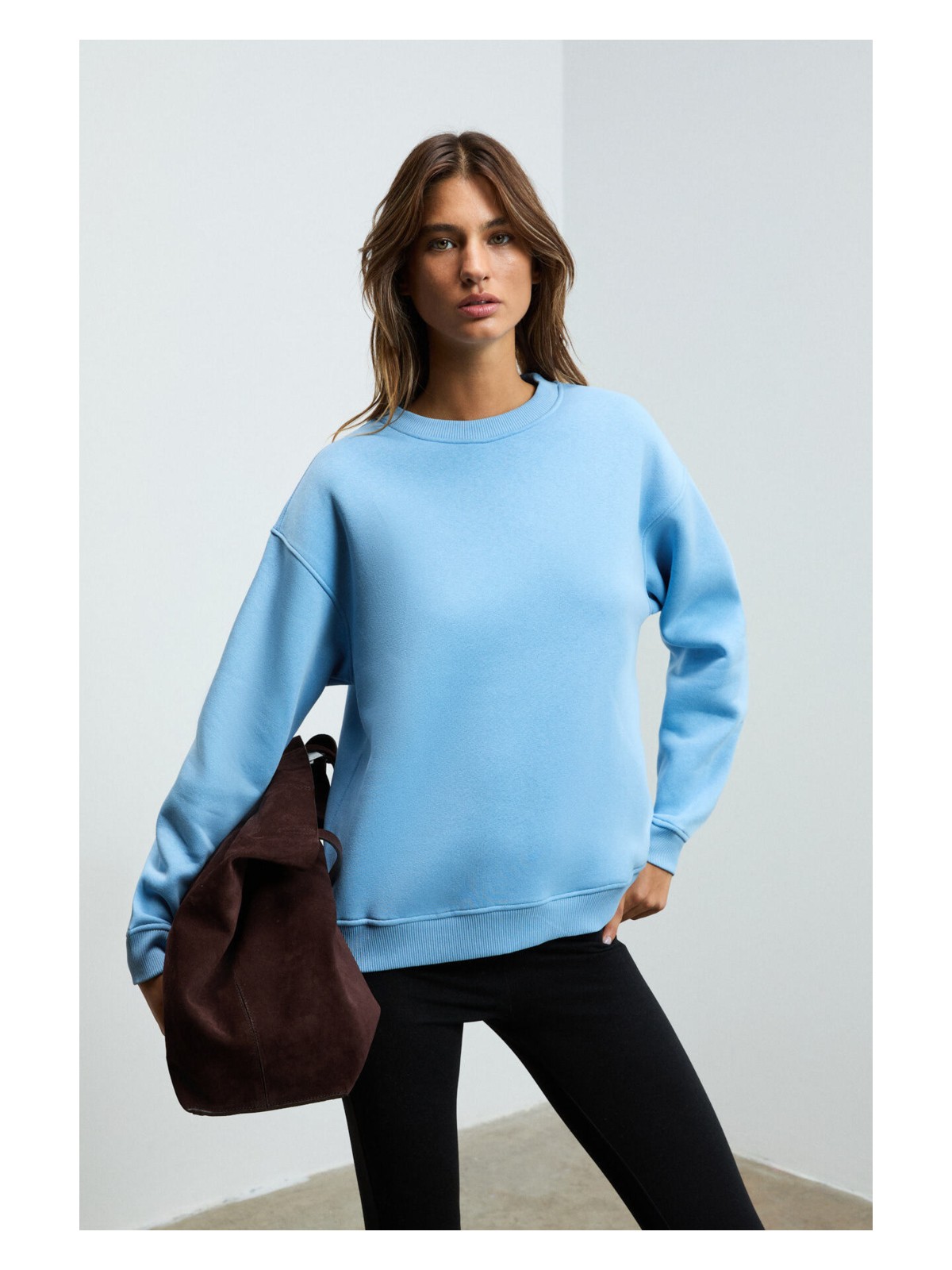 Grimelange SUSANA Kadın Bisiklet Yaka İçi Polarlı Oversize Fit Basic Mavi Sweatshirt