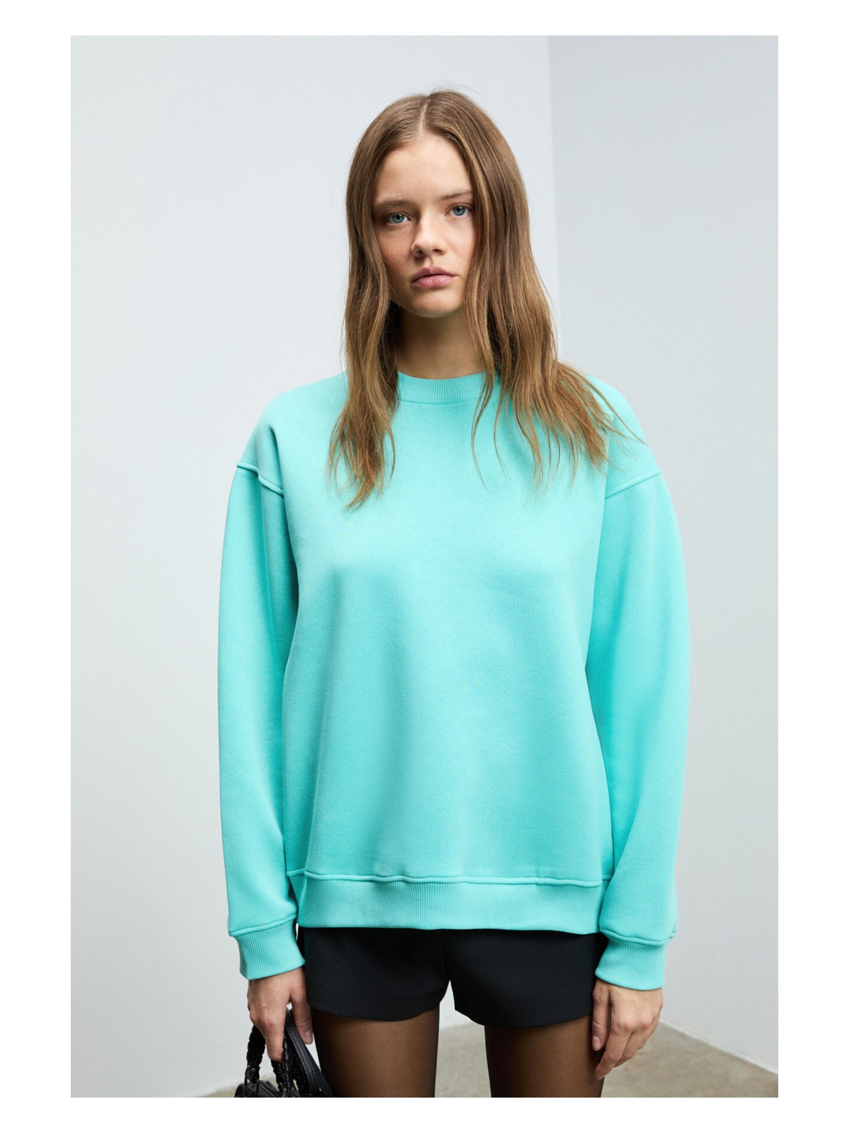 Grimelange KARIUS Kadın Organik Pamuklu İçi Polarlı Oversize Yuvarlak Yakalı Mavi Sweatshirt