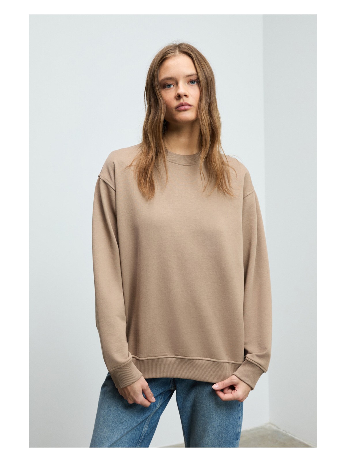 Grimelange KARIUS Kadın Organik Pamuklu İçi Polarlı Oversize Yuvarlak Yakalı Mavi Sweatshirt - Görsel 3