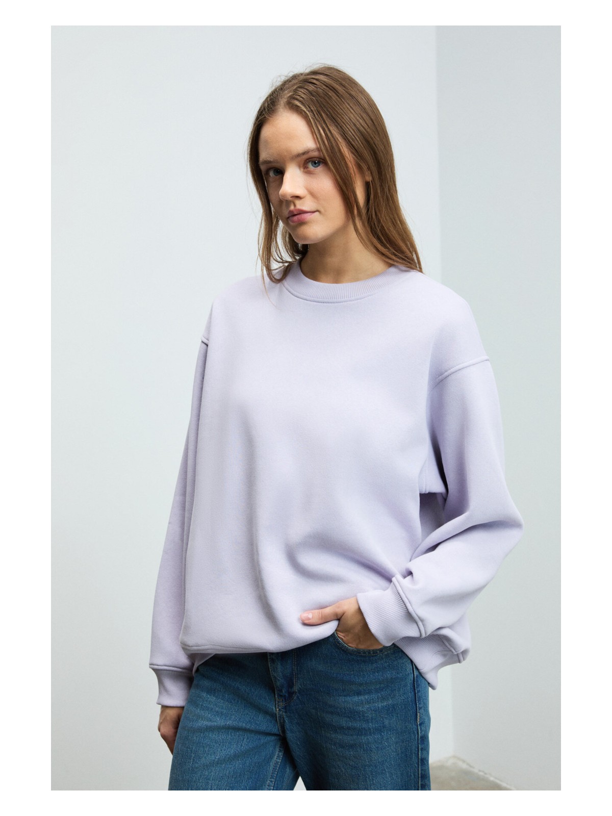 Grimelange KARIUS Kadın Organik Pamuklu İçi Polarlı Oversize Yuvarlak Yakalı Lila Sweatshirt