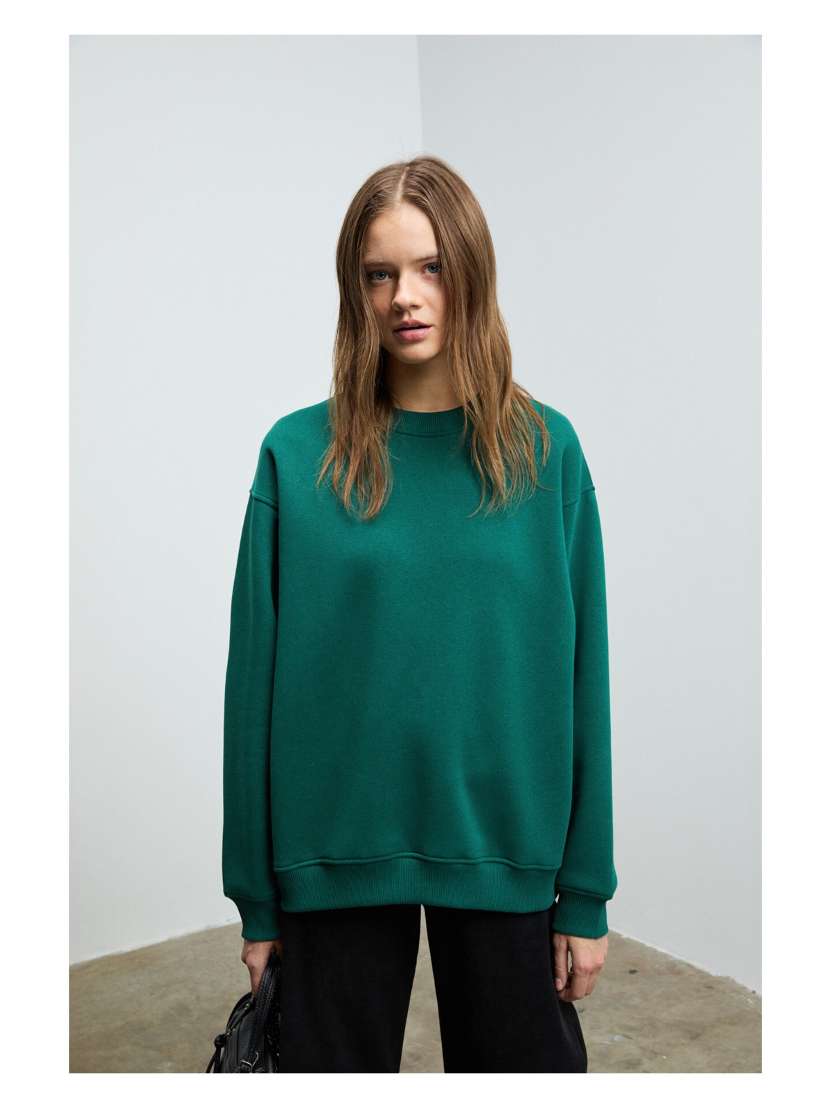 Grimelange KARIUS Kadın Organik Pamuklu İçi Polarlı Oversize Yuvarlak Yakalı Mavi Sweatshirt - Görsel 7