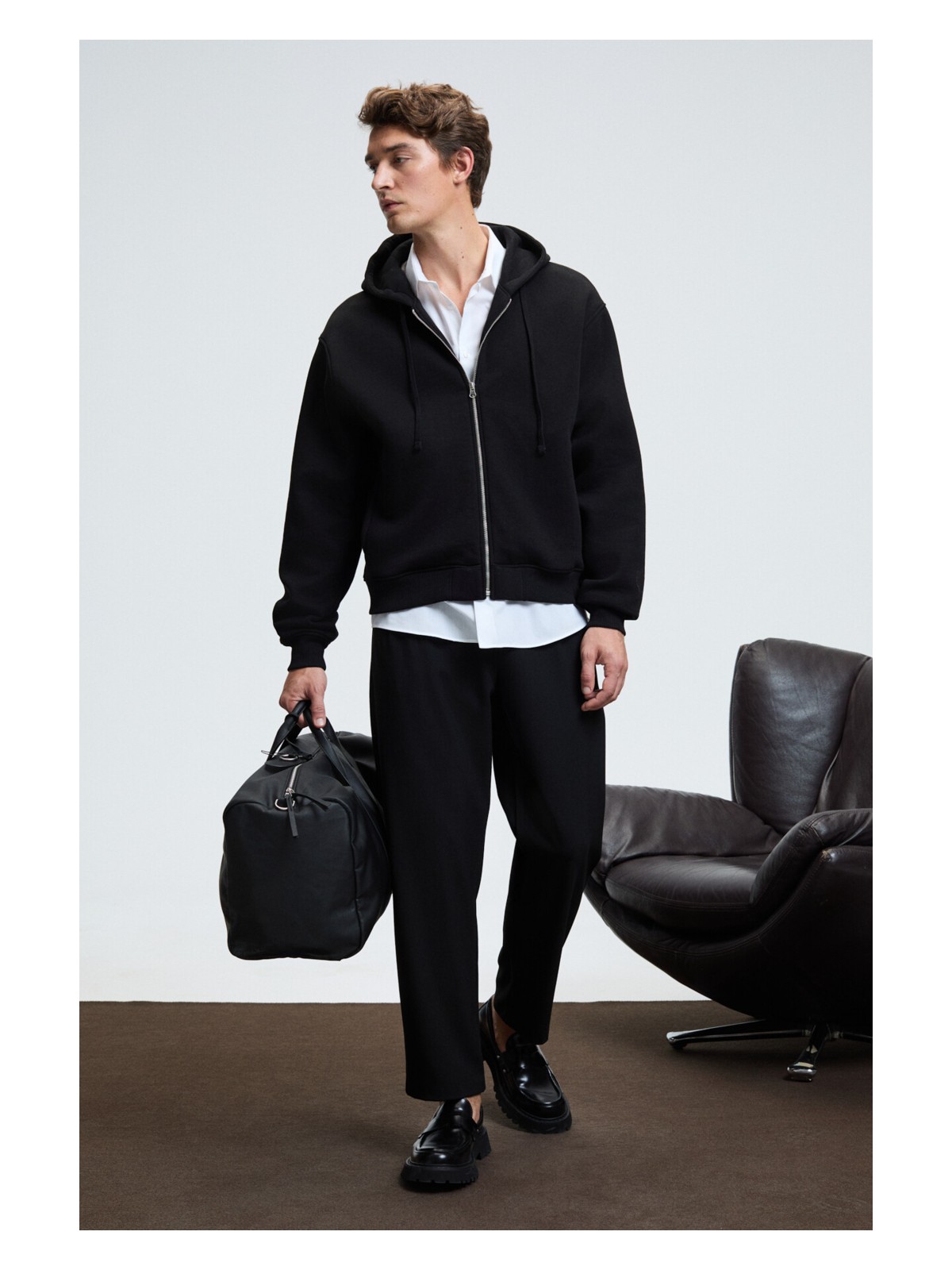 Grimelange ASHBY Erkek Kapüşonlu Fermuarlı Cepli Kordonlu Regular Fit Siyah Sweatshirt