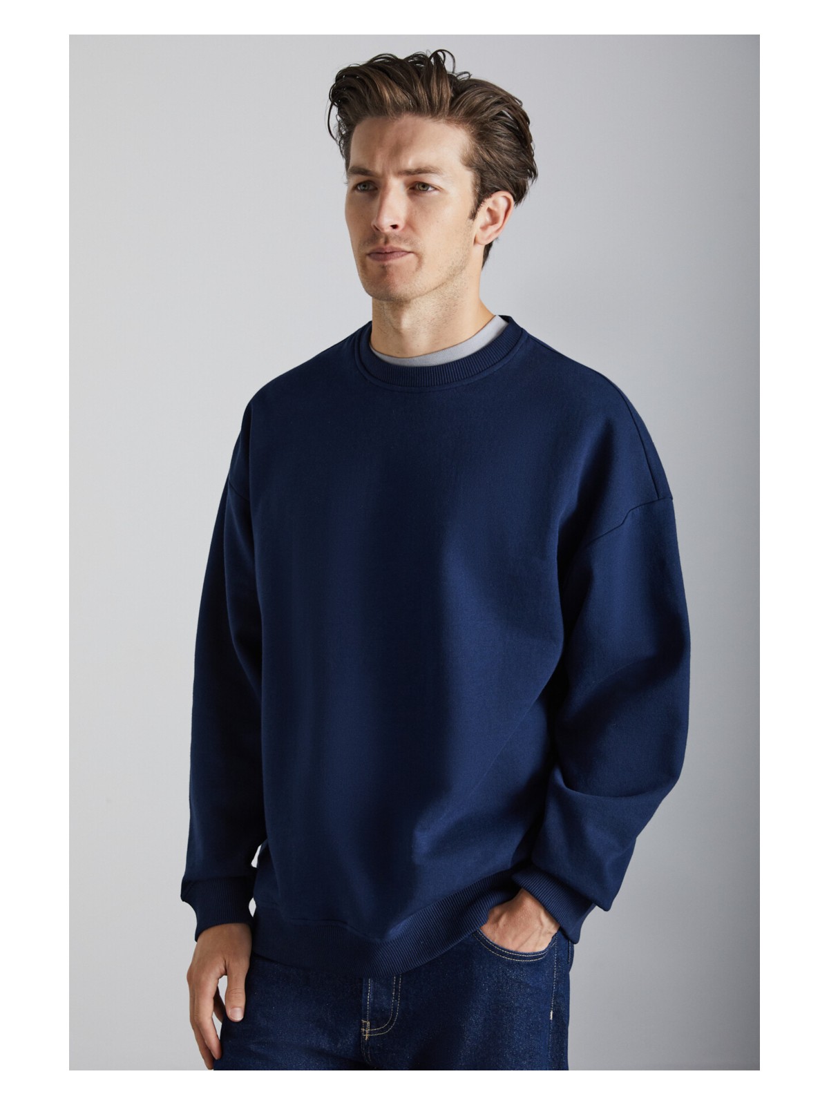 Grimelange Stephan Erkek Yumuşacık Kışlık Kumaşlı 3 Iplik Organik Pamuk Örme Oversize Siyah Sweatshirt - Görsel 6