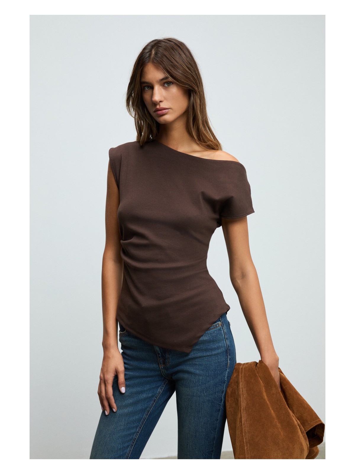 Grimelange REHINGA Kadın Asimetrik Yaka Regular Kısa Kol Bordo Bluz - Görsel 8