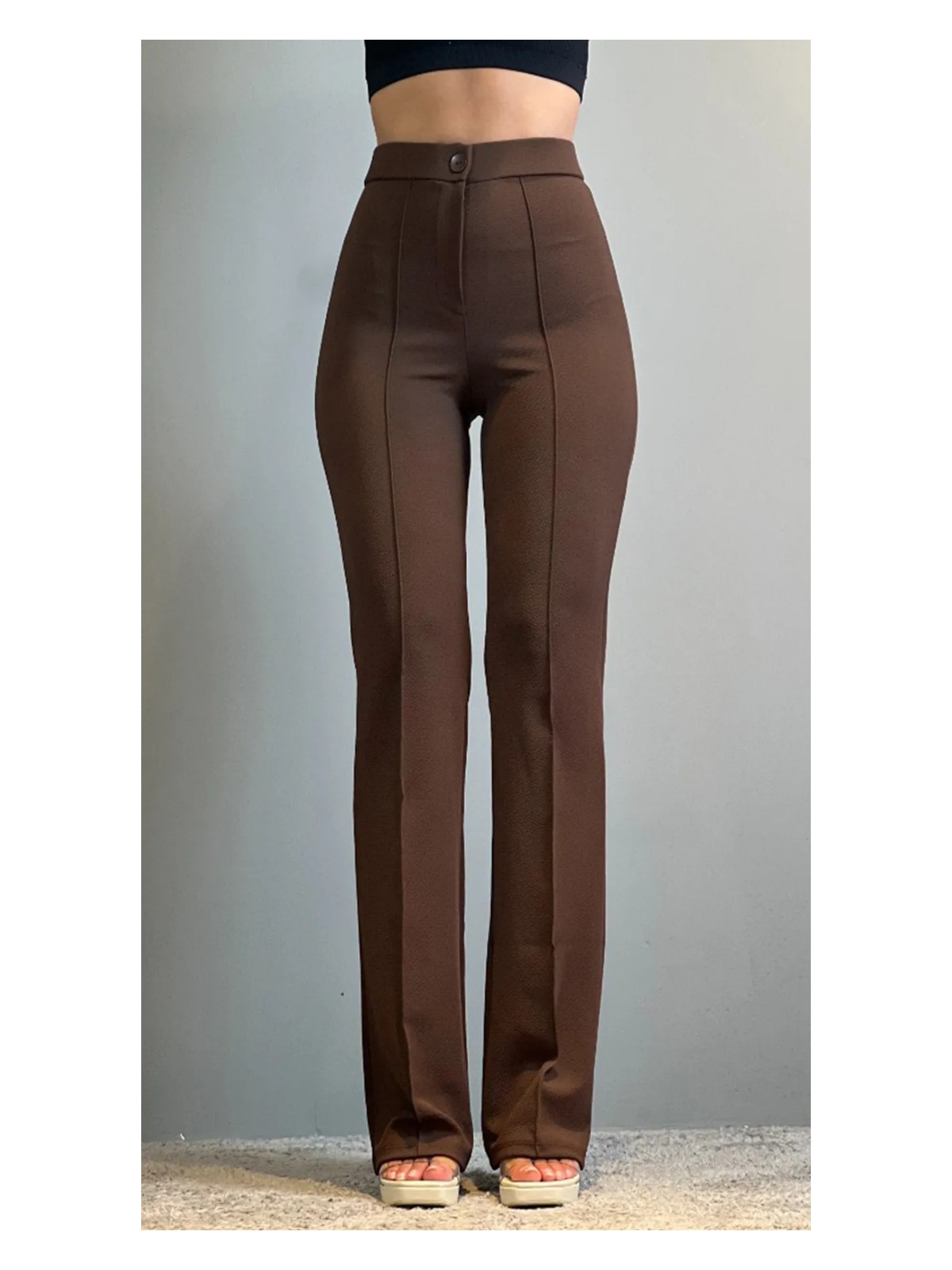 Thiff Krep Kumaş Likralı Önü Çimalı Lacivert Kadın Palazzo Pantolon - Görsel 4