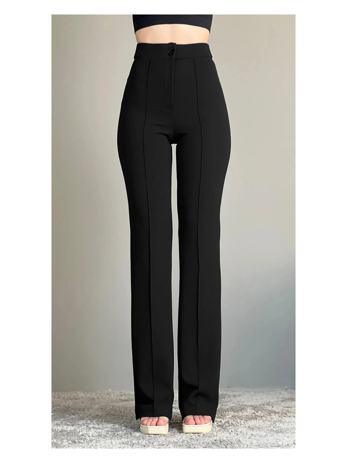 Thiff Krep Kumaş Likralı Önü Çimalı Siyah Kadın Palazzo Pantolon