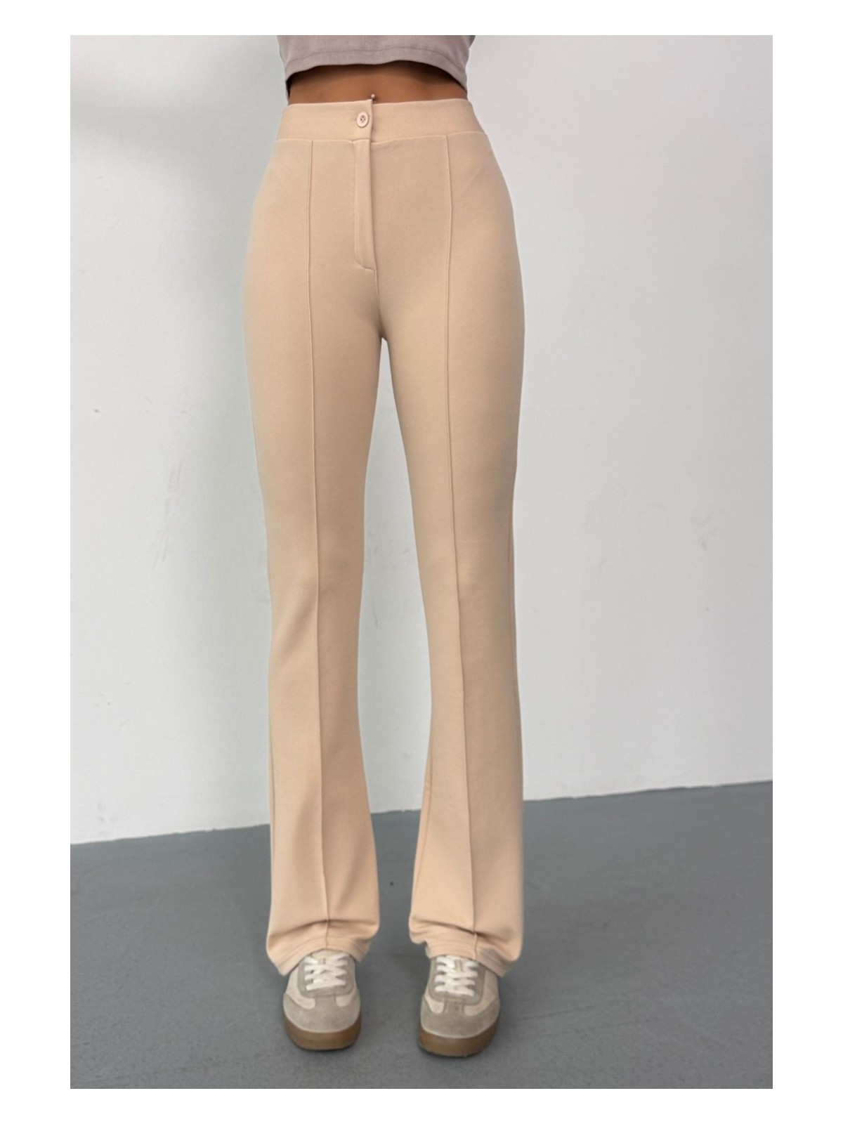 Thiff Krep Kumaş Likralı Önü Çimalı Lacivert Kadın Palazzo Pantolon - Görsel 8