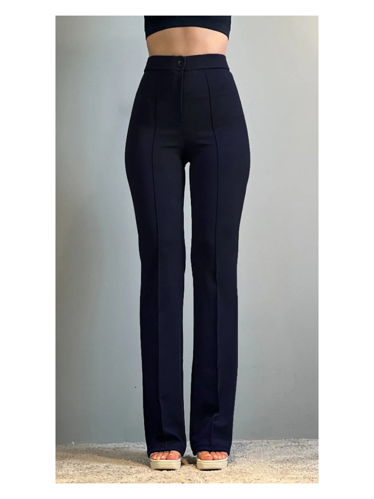 Thiff Krep Kumaş Likralı Önü Çimalı Siyah Kadın Palazzo Pantolon - Görsel 5