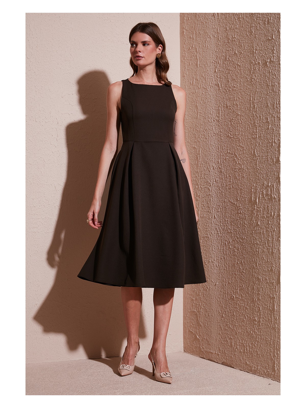 Lela Regular Fit Bisiklet Yaka Cepli Pileli Midi Boy Abiye Elbise Bayan Elbise 6111963 - Görsel 3