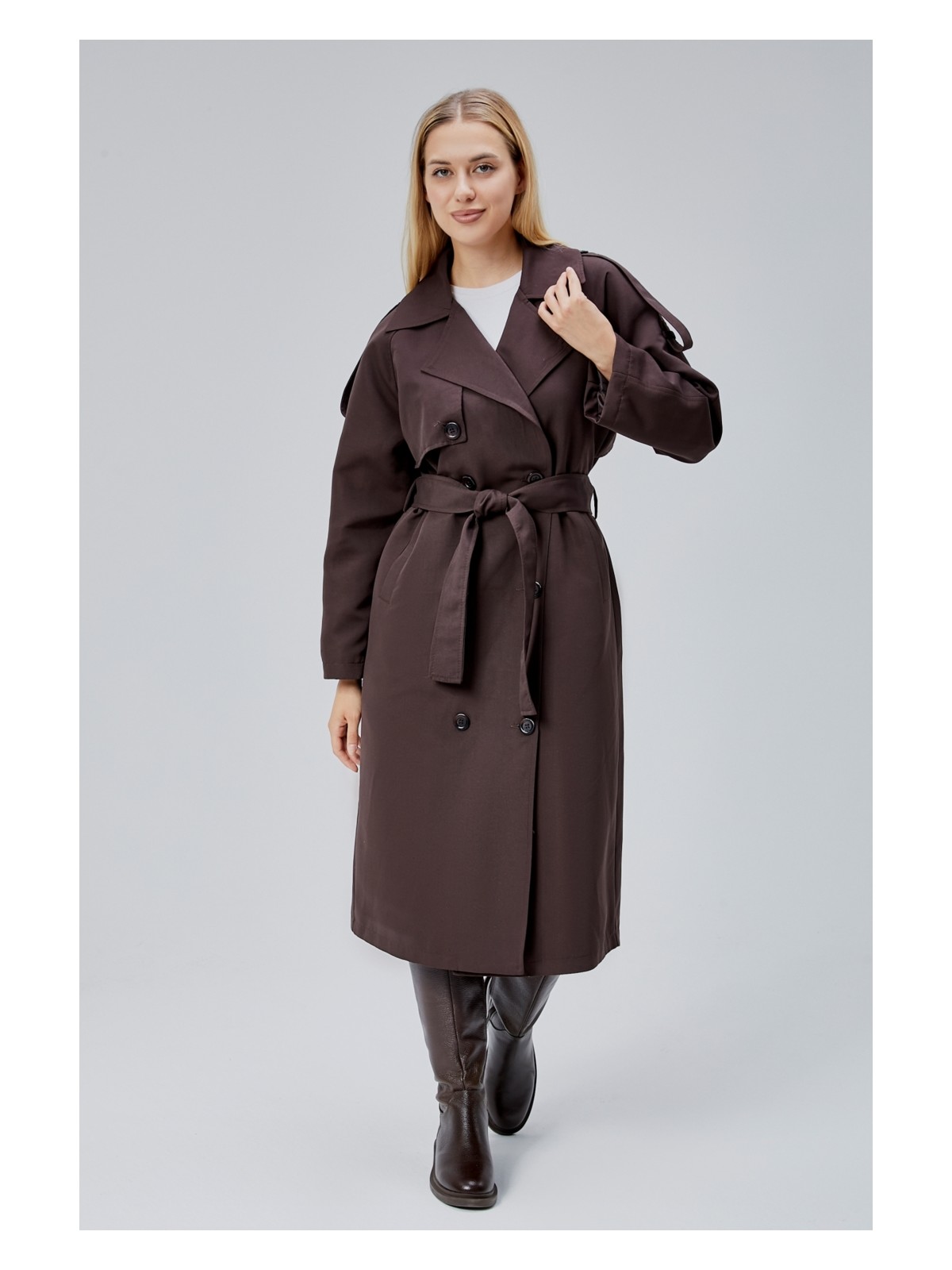 Bolivente Gri Oversize Astarlı Uzun Trençkot - Görsel 10