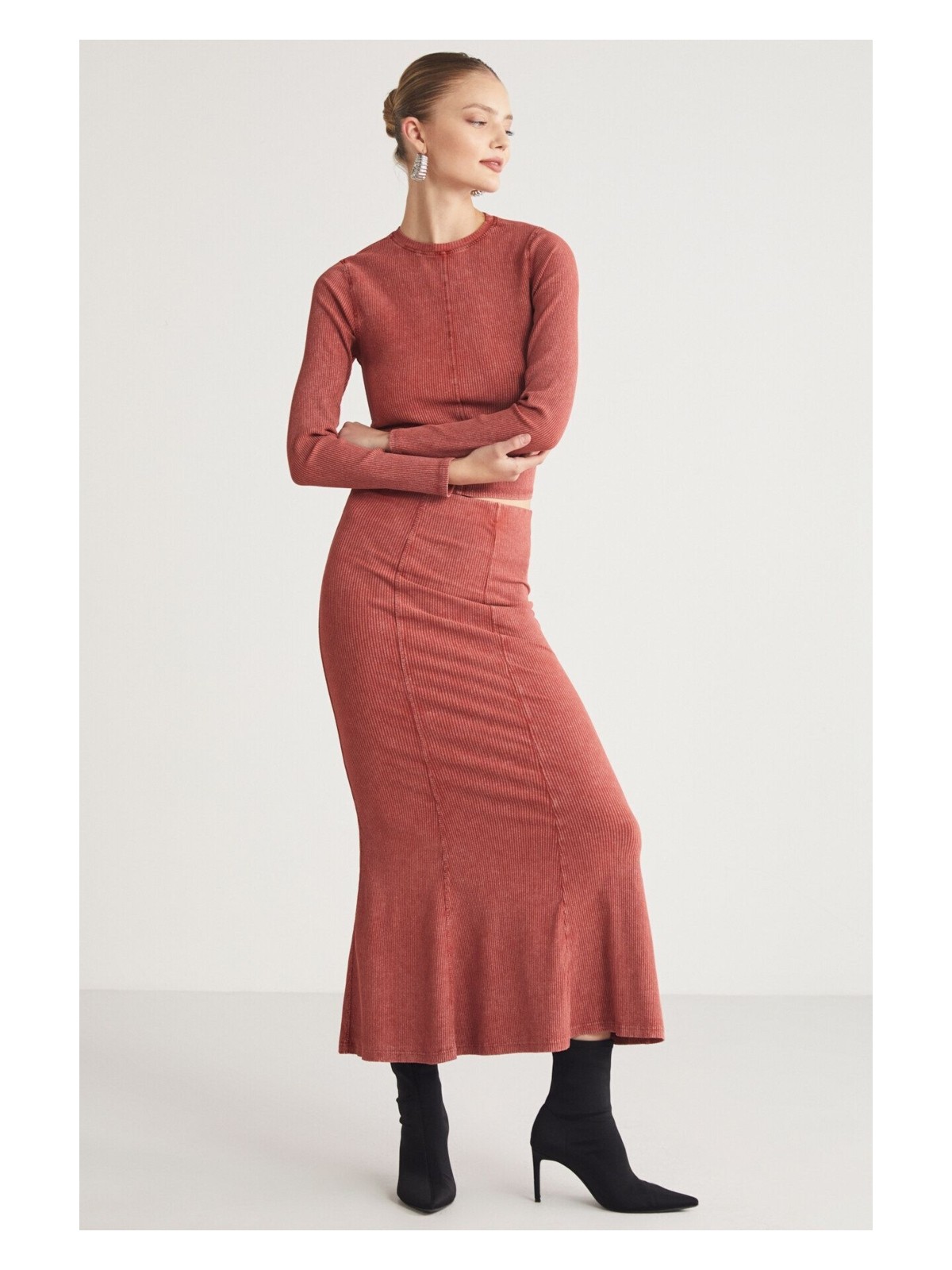 Grimelange Catelıne Kadın Slim Fit Beli Lastikli Vucudu Saran Midi Lila Etek - Görsel 5