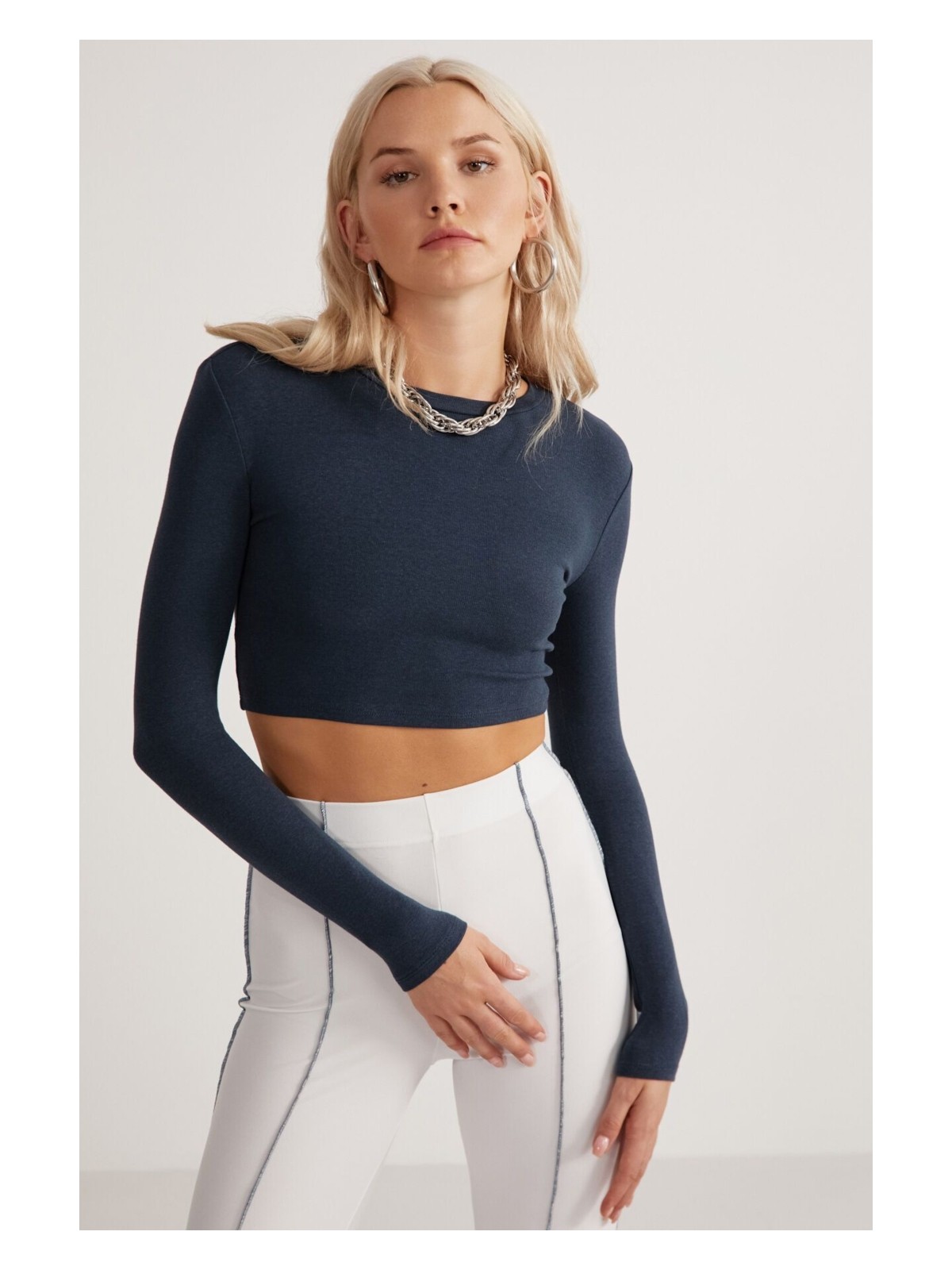 Grimelange Essie Kadın Bisiklet Yaka Slim Fit Uzun Kollu Crop Petrol Mavisi Büstiyer