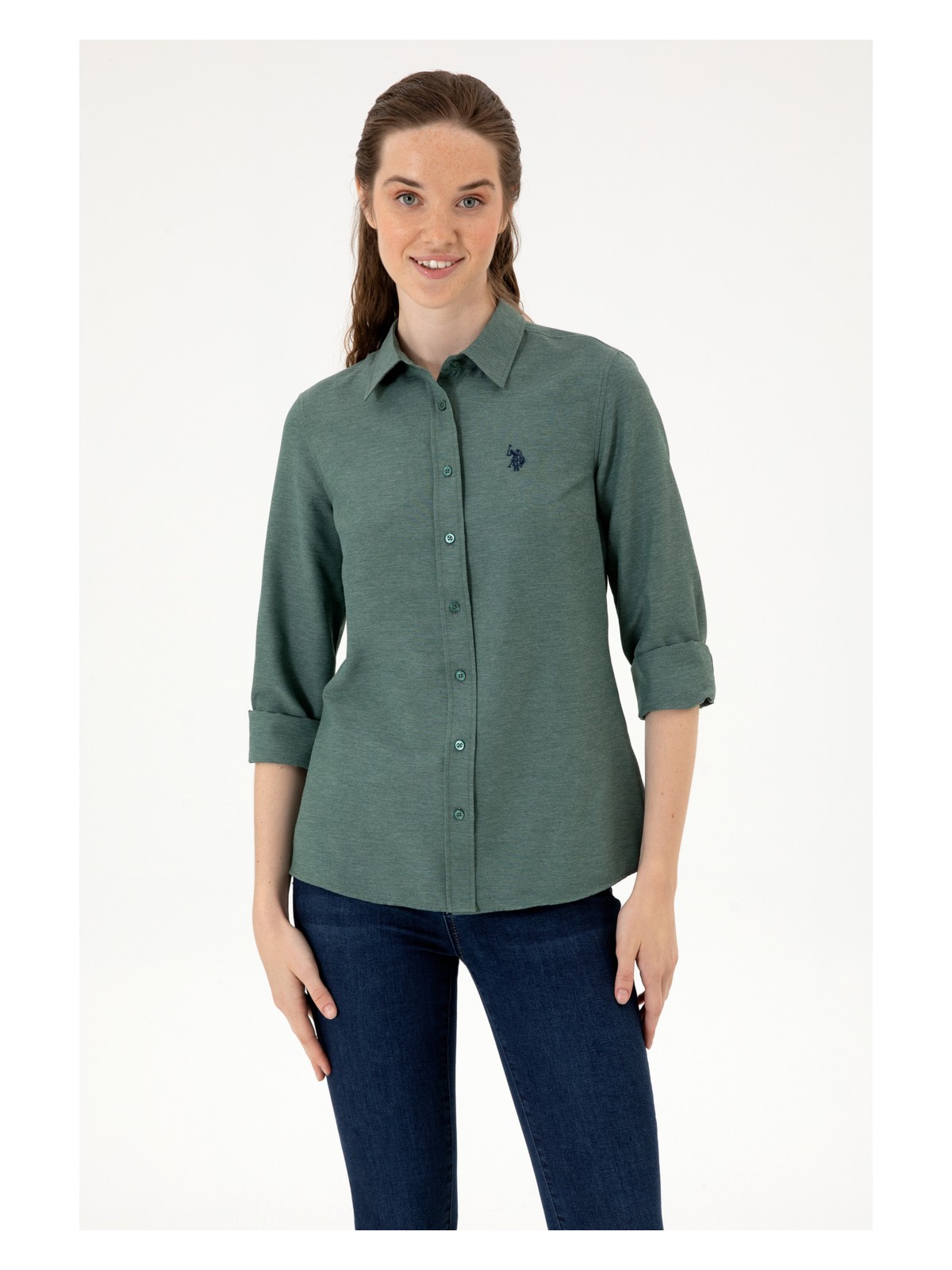 U.S. Polo Assn. Kadın Koyu Yeşil Uzun Kollu Basic Gömlek 50316711-VR079