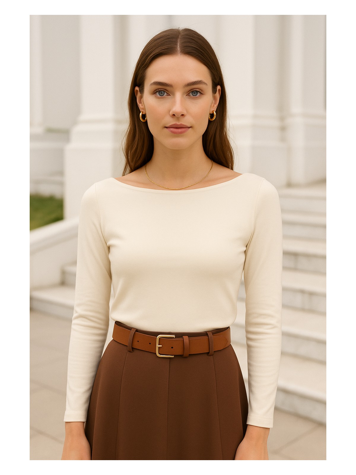 Rich Kadın Bej Kayık Yaka Uzun Kollu Bluz