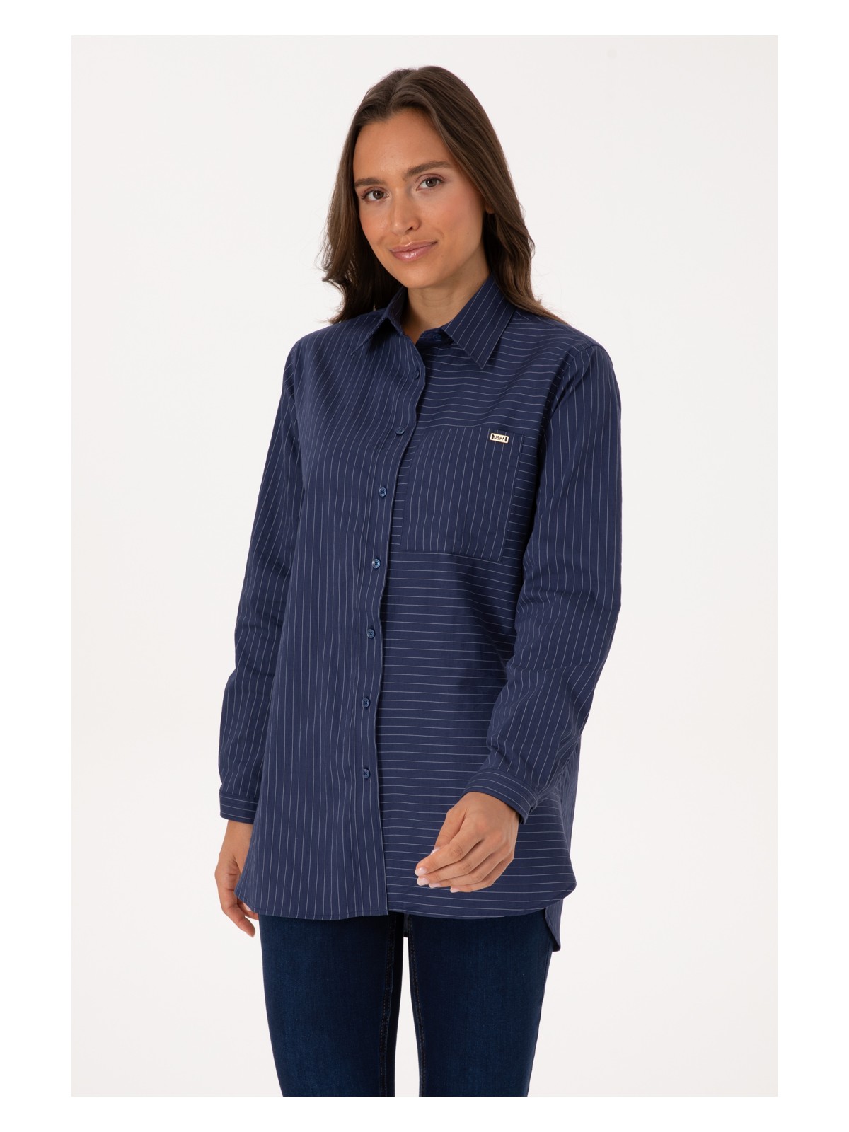U.S. Polo Assn. Kadın İndigo Uzun Kollu Çizgili Gömlek 50316387-VR028