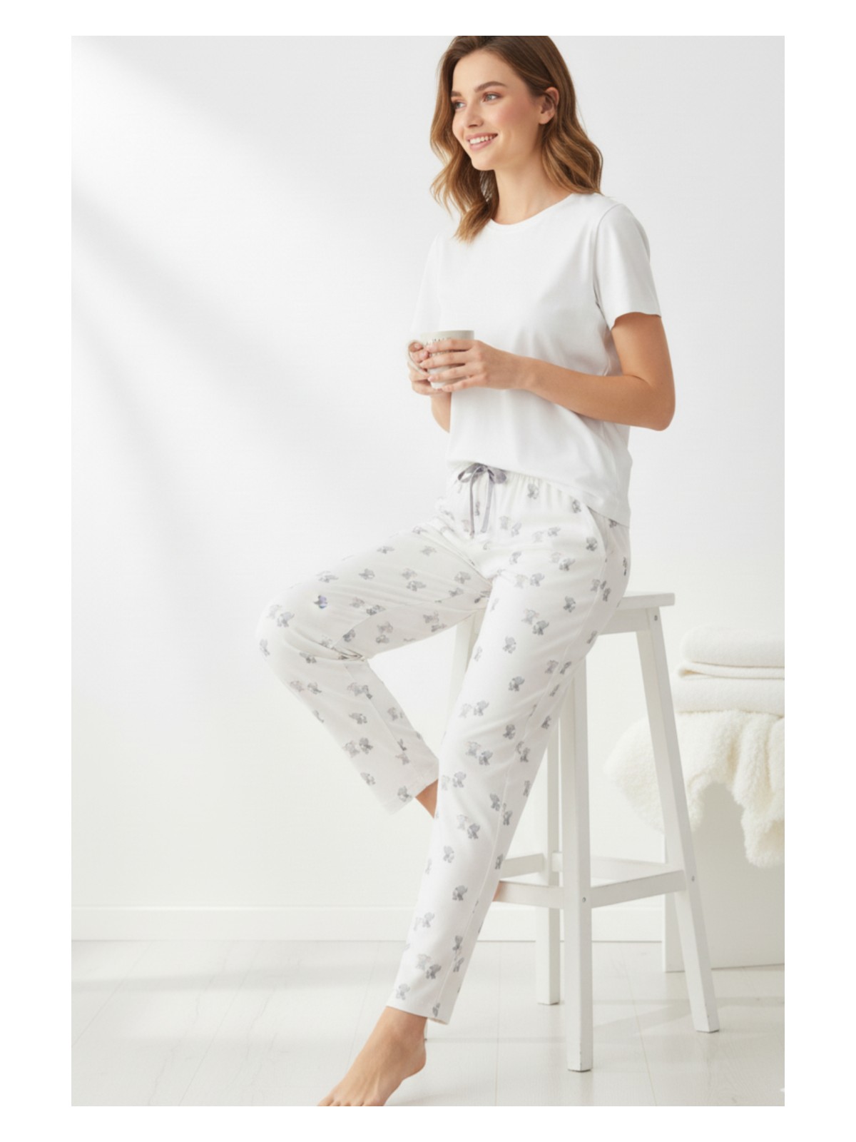 elemge Kadın Beyaz Pijama Altı Pamuk Elastan Fil Desenli Rahat Kalıp Kurdeleli Esnek Yumuşak Dokulu Cepsiz