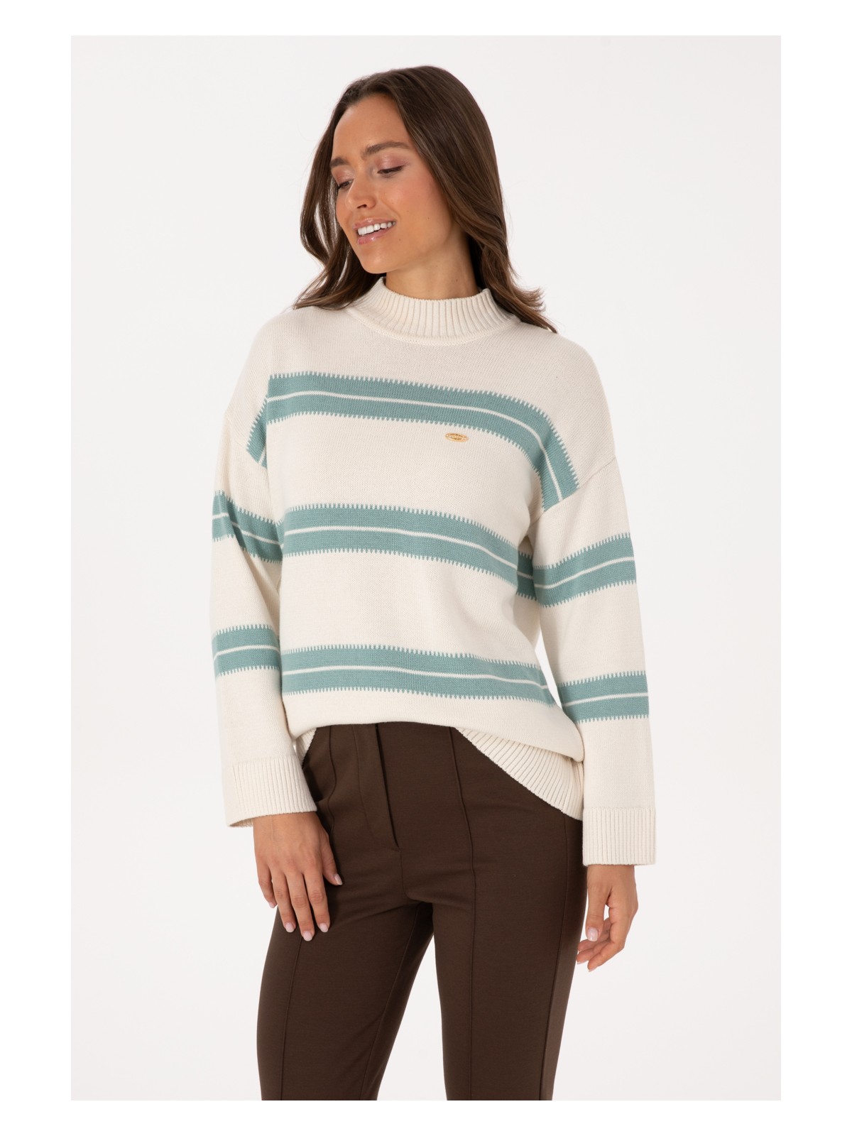 U.S. Polo Assn. Kadın Krem Balıkçı Yaka Çizgili Kazak 50314666-VR071