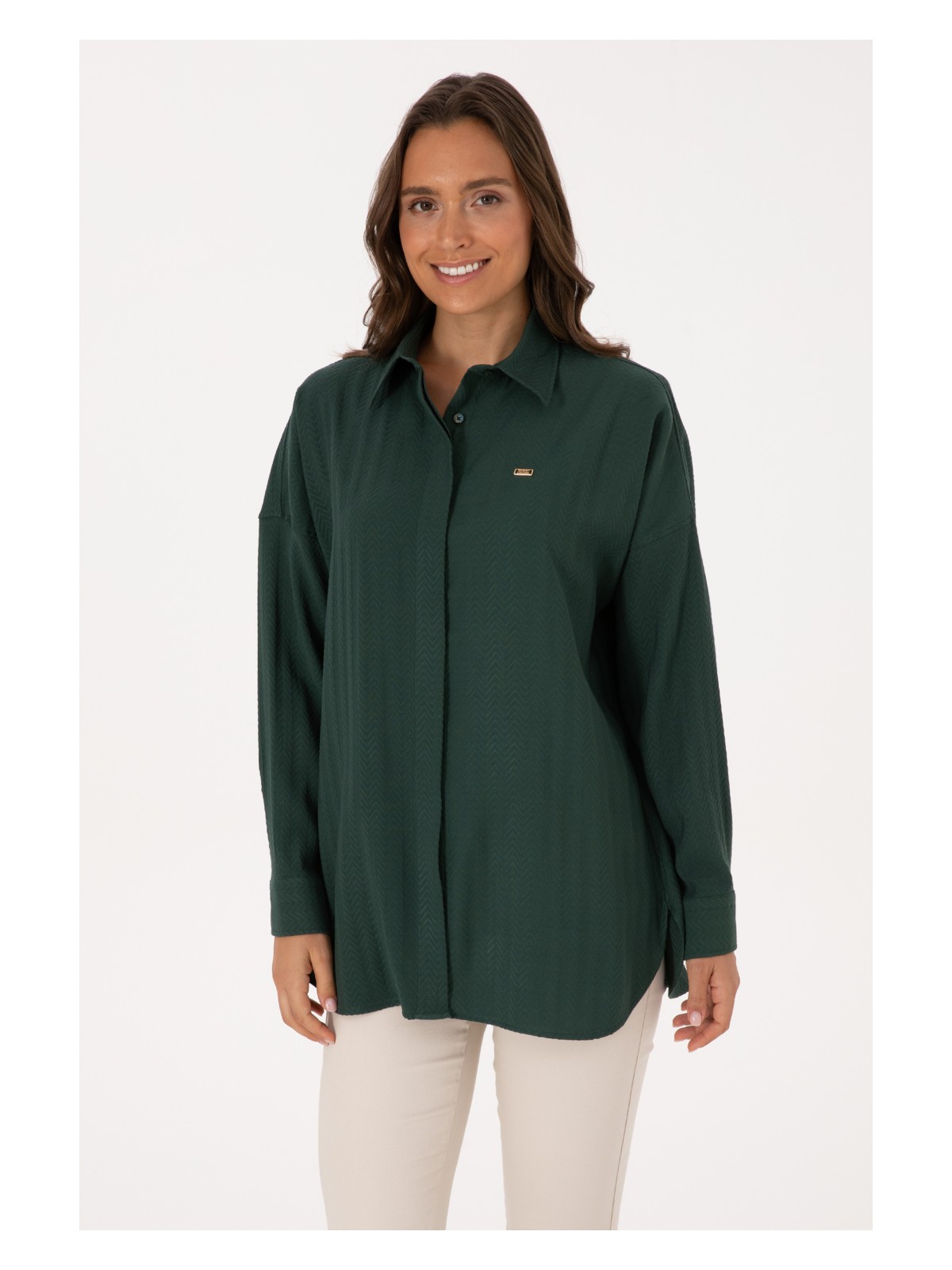 U.S. Polo Assn. Kadın Krem Uzun Kollu Oversize Desenli Gömlek 50316422-VR256 - Görsel 4