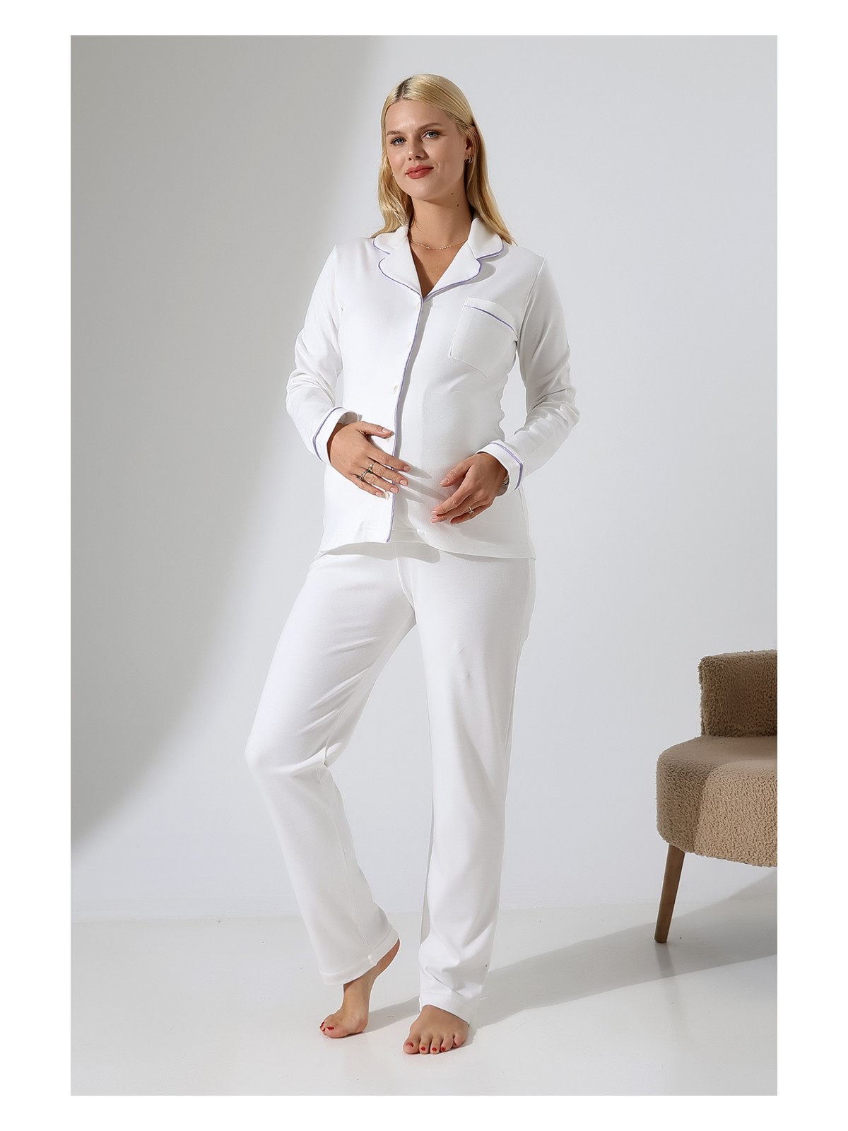 Likapa Interlok Düğmeli Hamile Lohusa Uzun Kol Pijama Takımı 1354-01