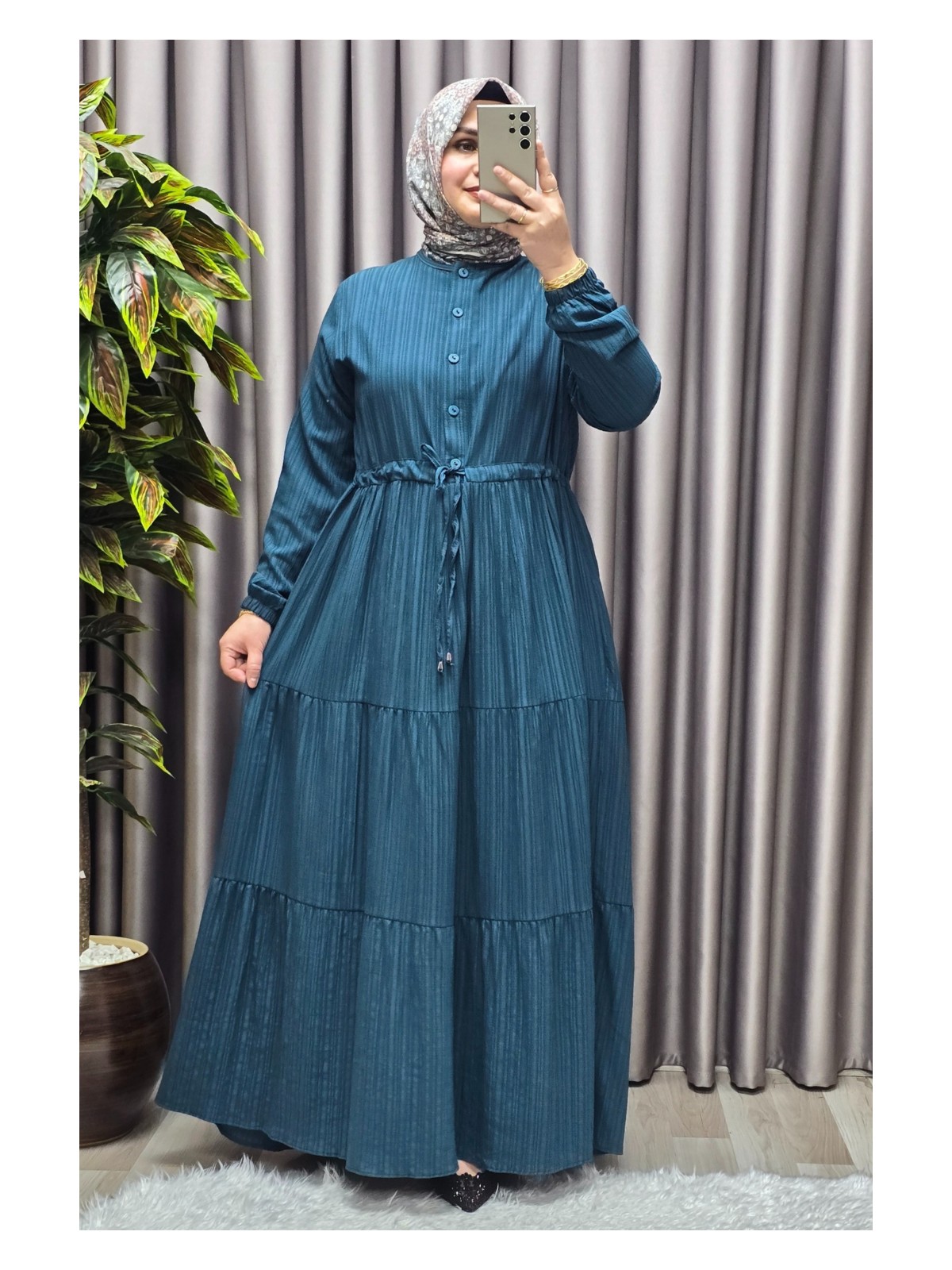 Elmas Tesettür Kadın Tesettür Giyim Büyük Beden Gofre Elbise