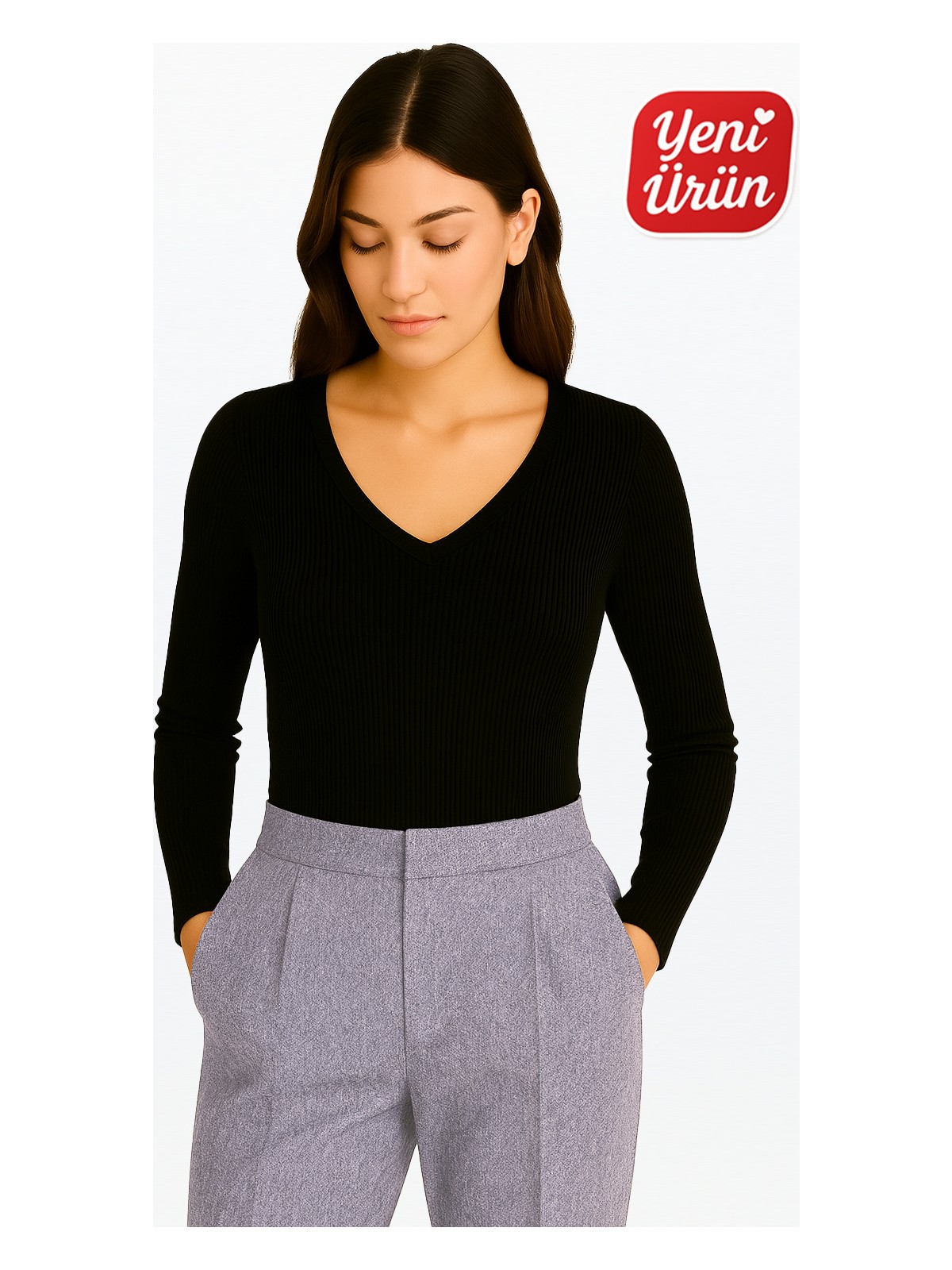 Novelle V Yaka Uzun Kol Fitilli Bluz - Görsel 7