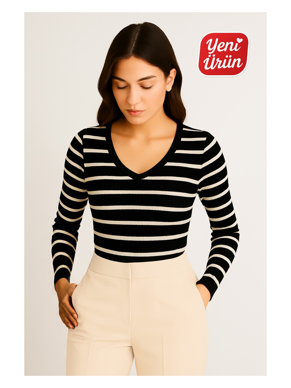 Novelle V Yaka Uzun Kol Fitilli Bluz - Görsel 4