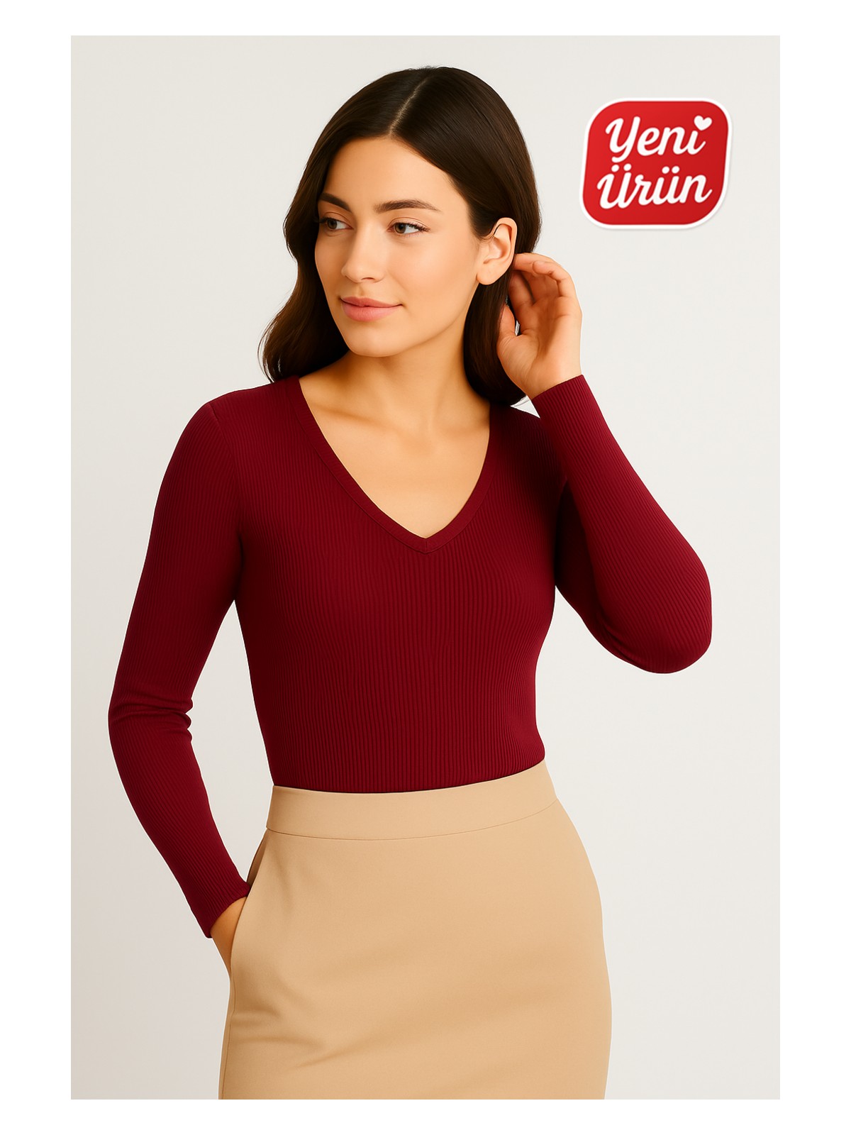 Novelle V Yaka Uzun Kol Fitilli Bluz - Görsel 9