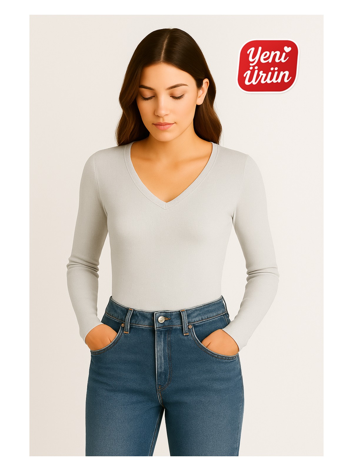 Novelle V Yaka Uzun Kol Fitilli Bluz - Görsel 3