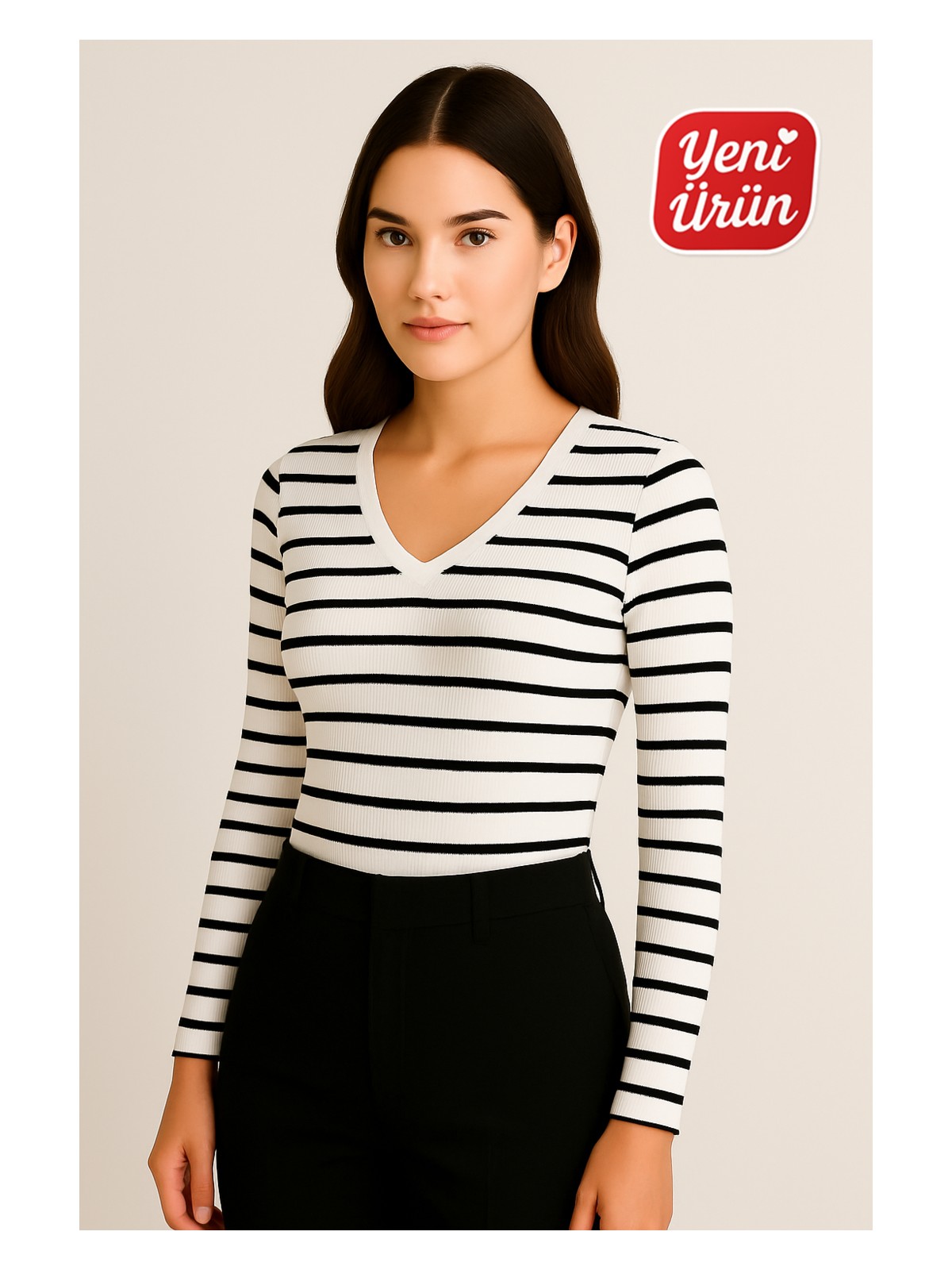 Novelle V Yaka Uzun Kol Fitilli Bluz - Görsel 6