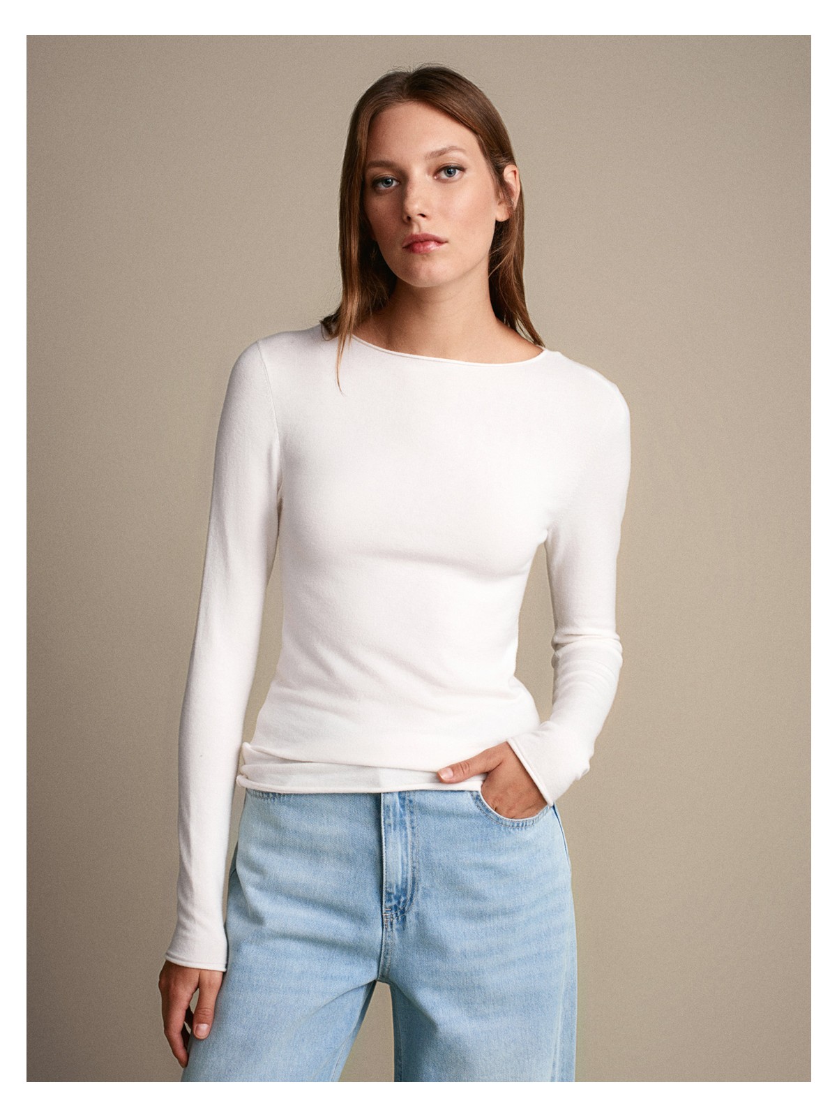 Dilvin 10840 Kayık Yaka Kaşmir Karışımlı Kazak-Ekru