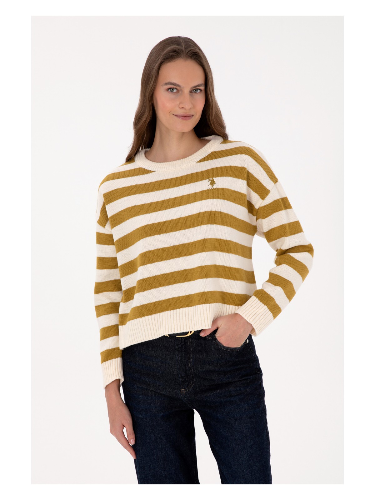 U.S. Polo Assn. Kadın Krem Çizgili Bisiklet Yaka Kazak 50314653-VR071