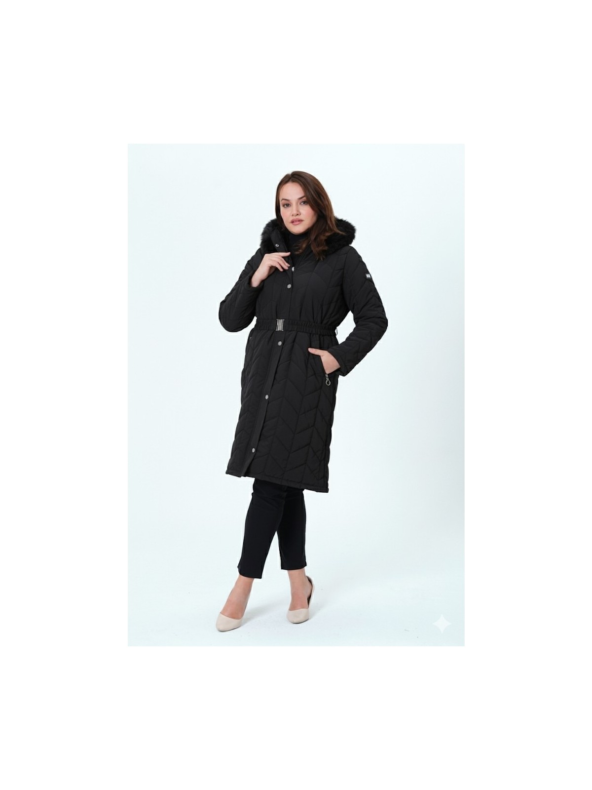 Glr & Gym Meralcan Kadın Büyük Beden Kapitone Mont Astarlı Nova Kumaş Uzun Kol Kapüşonlu