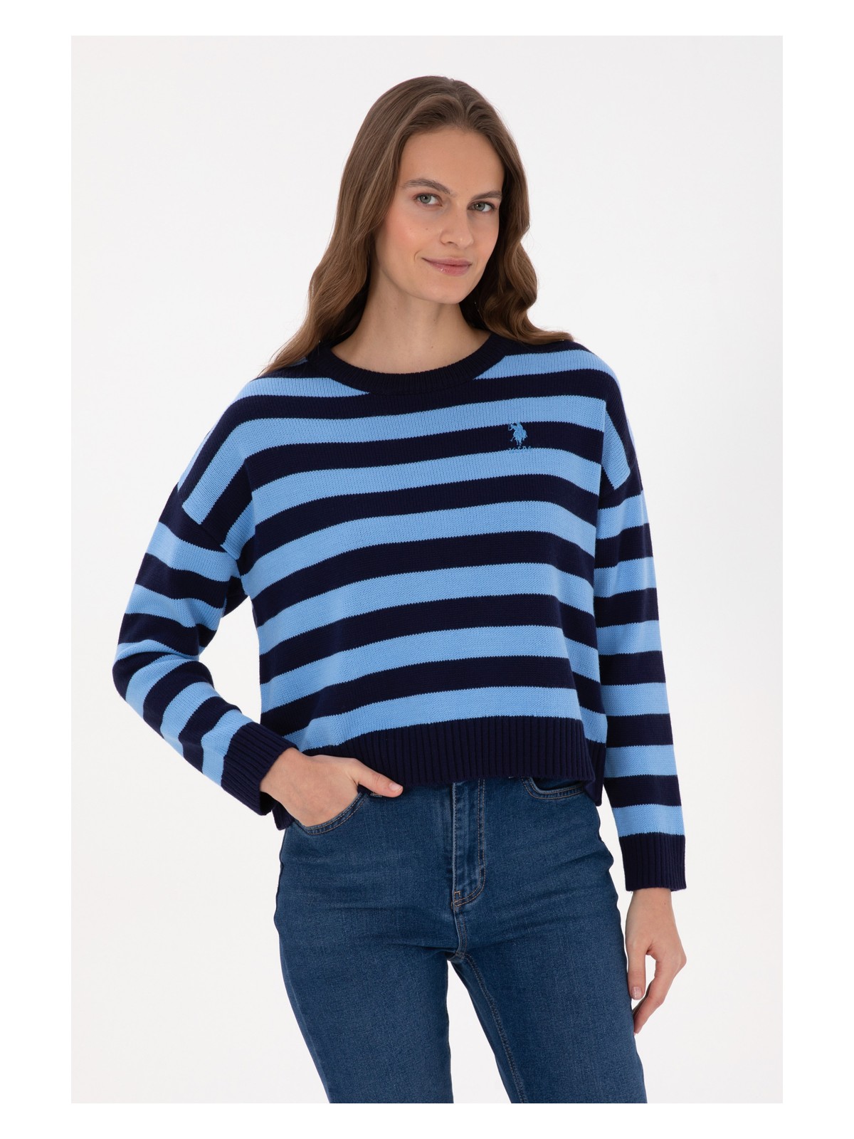 U.S. Polo Assn. Kadın Pudra Çizgili Bisiklet Yaka Kazak 50314653-VR042 - Görsel 5