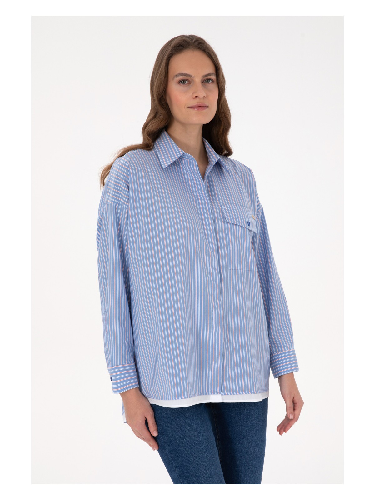 U.S. Polo Assn. Kadın Bordo Çizgili Uzun Kollu Gömlek 50316369-VR177 - Görsel 3