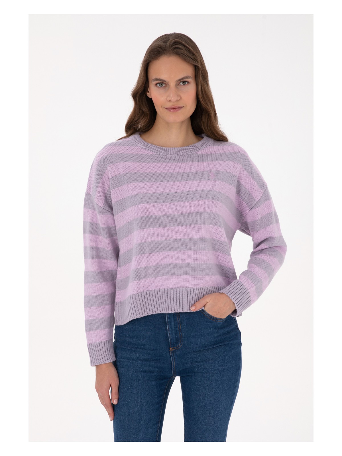 U.S. Polo Assn. Kadın Lacivert Çizgili Bisiklet Yaka Kazak 50314653-VR033 - Görsel 4