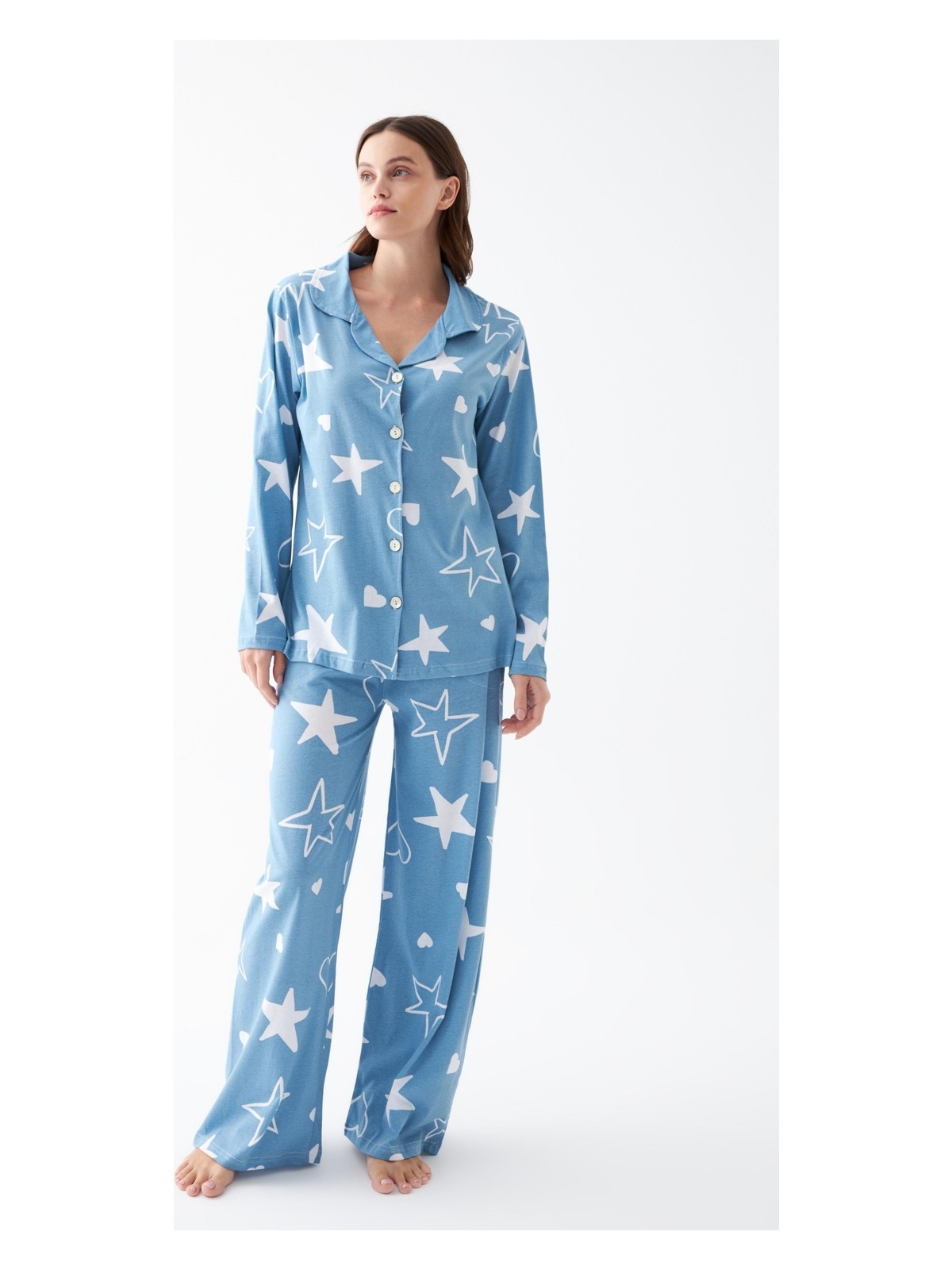 Akbeniz Kadın Mavi Yıldız Desenli Düğmeli Pamuklu Pijama Takımı