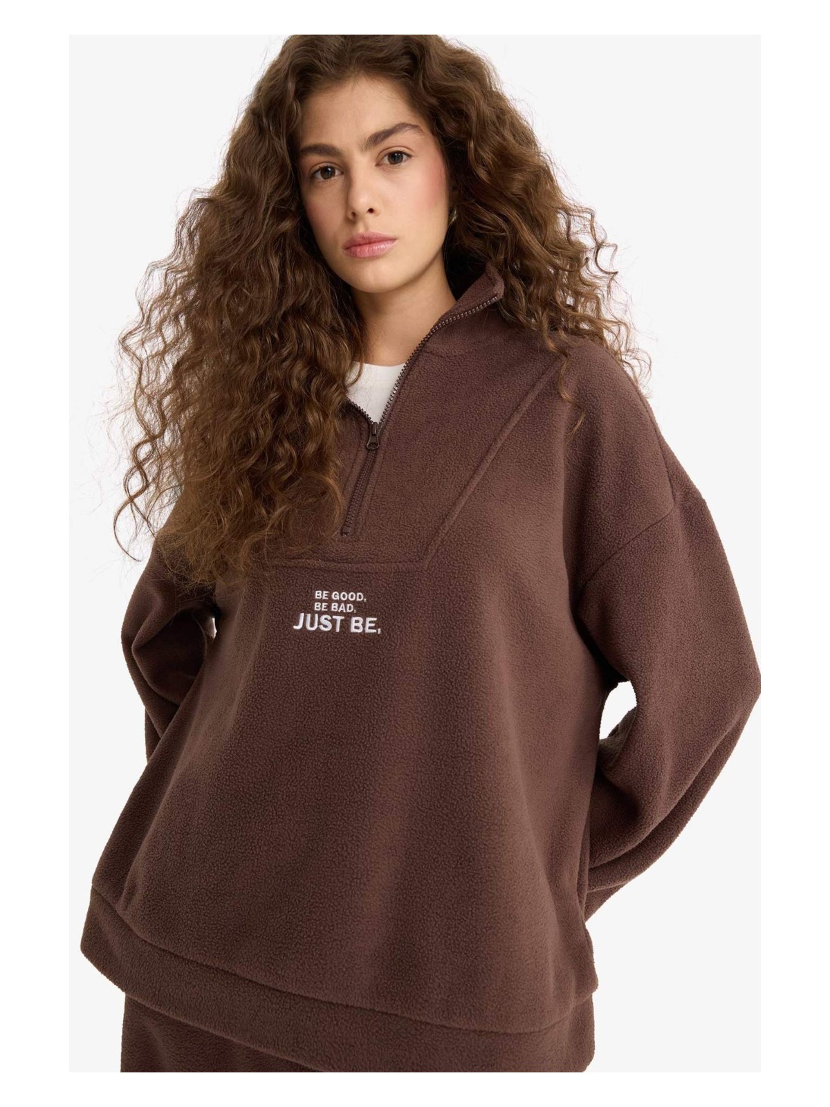 DeFacto Oversize Geniş Kalıp Dik Yaka Fermuarlı Baskılı Polar Sweatshirt Y2649AZ25WN - Görsel 5