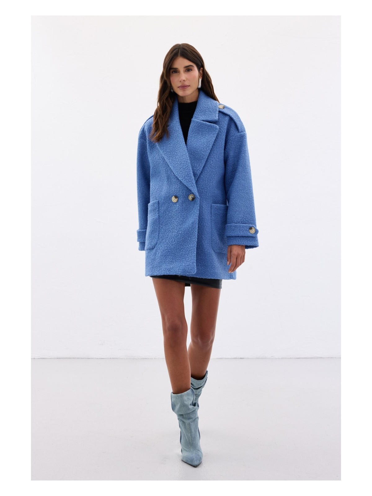 Sateen Buklet Kısa Kaban - Mavi