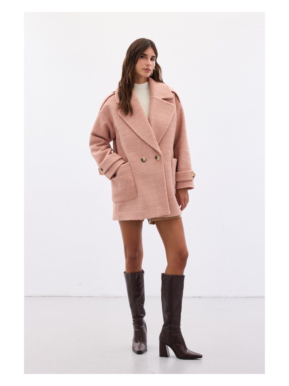 Sateen Buklet Kısa Kaban - Mavi - Görsel 5