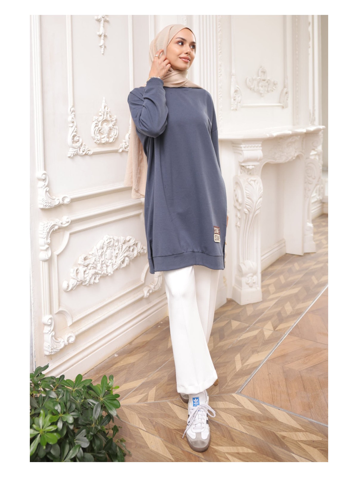 İmaj Butik Antrasit Bisiklet Yaka Armalı Tunik