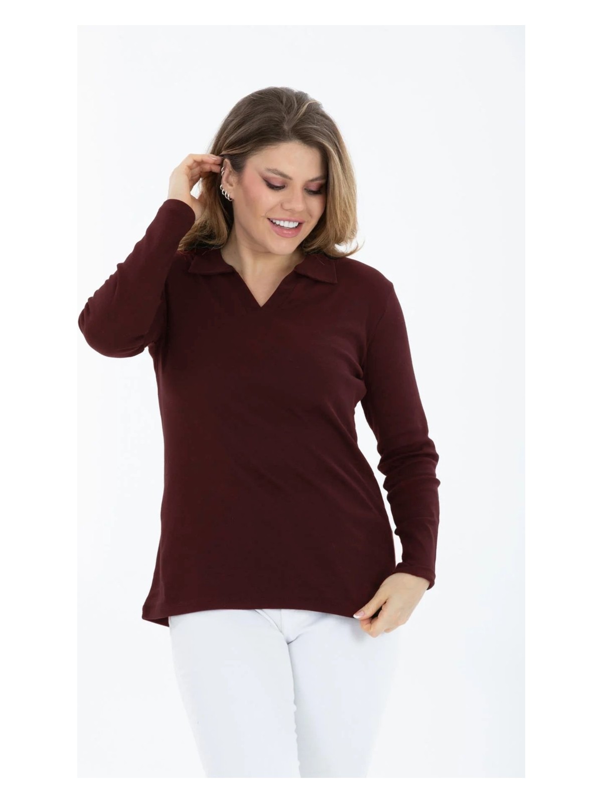 Banega Curve Büyük Beden Pamuklu Likralı V Yaka Basic Düz Siyah Bluz - Görsel 7