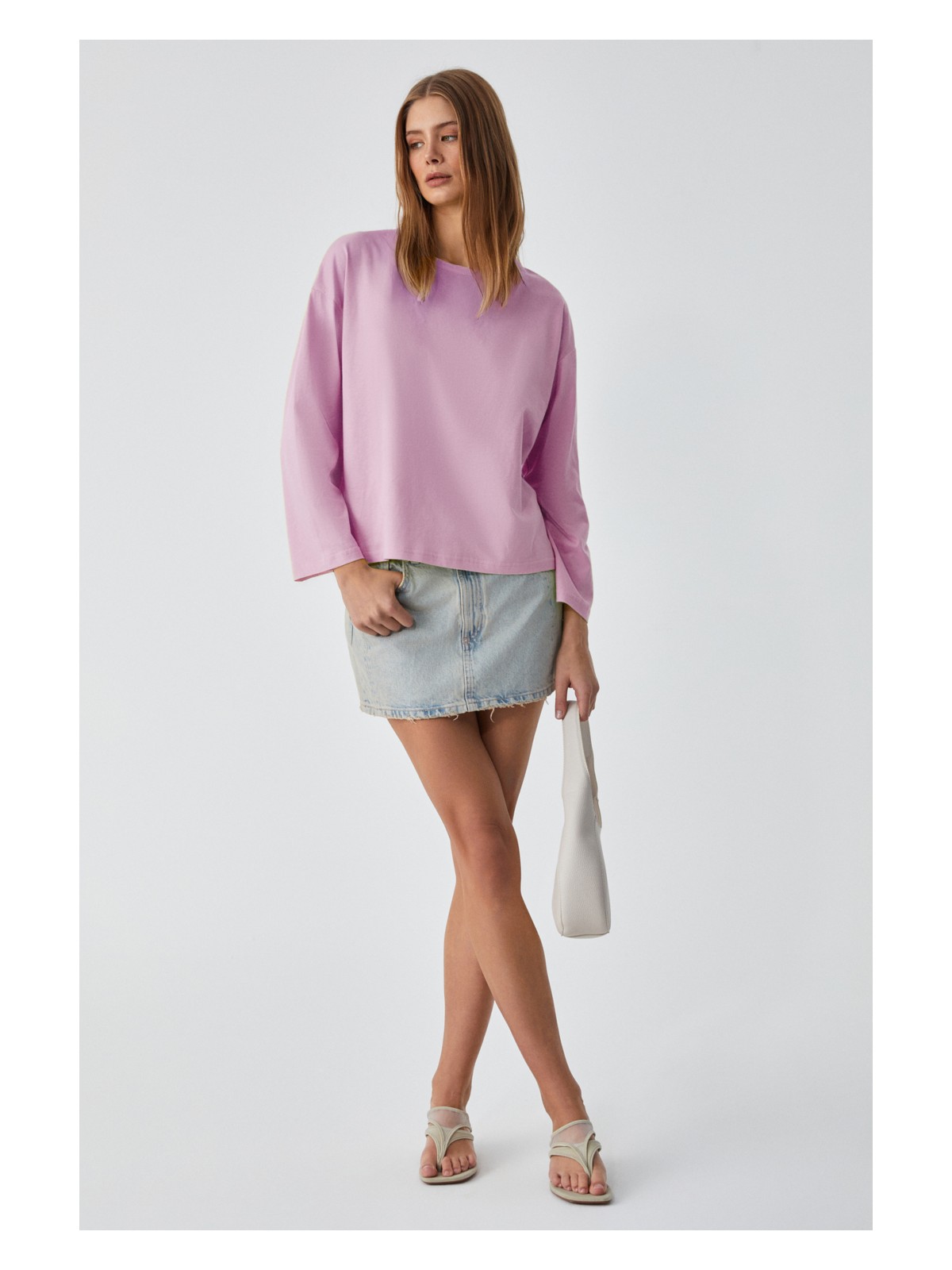 Grimelange BASIL Kadını Oversize %100 Organik Pamuk Örme Uzun Kol Pembe T-Shirt