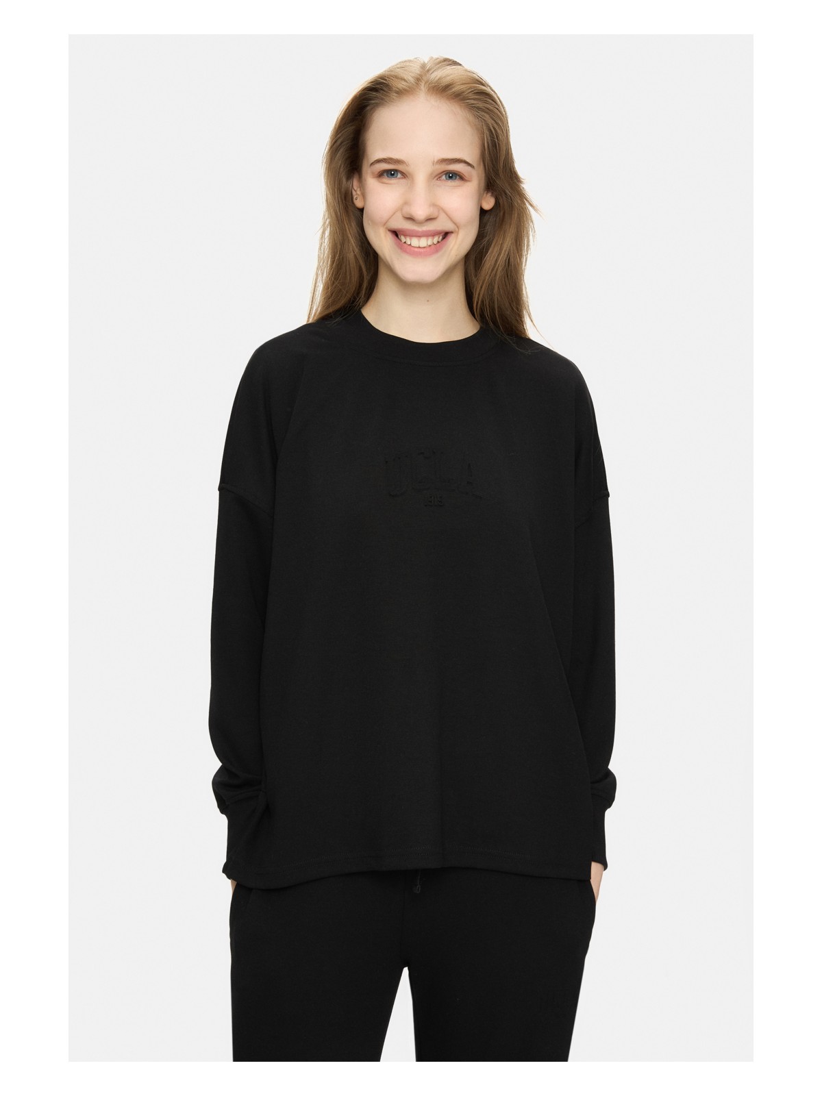 Ucla Elowen Siyah Bisiklet Yaka Gofre Baskı Loose Fit Kadın Sweatshirt