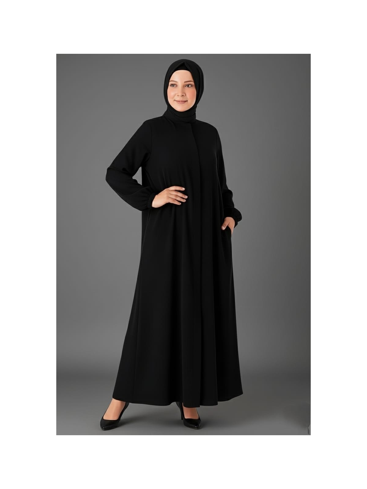 Medine Ipeği Mevlana Kesim Cepli Kuşaklı Bol Ferace Siyah