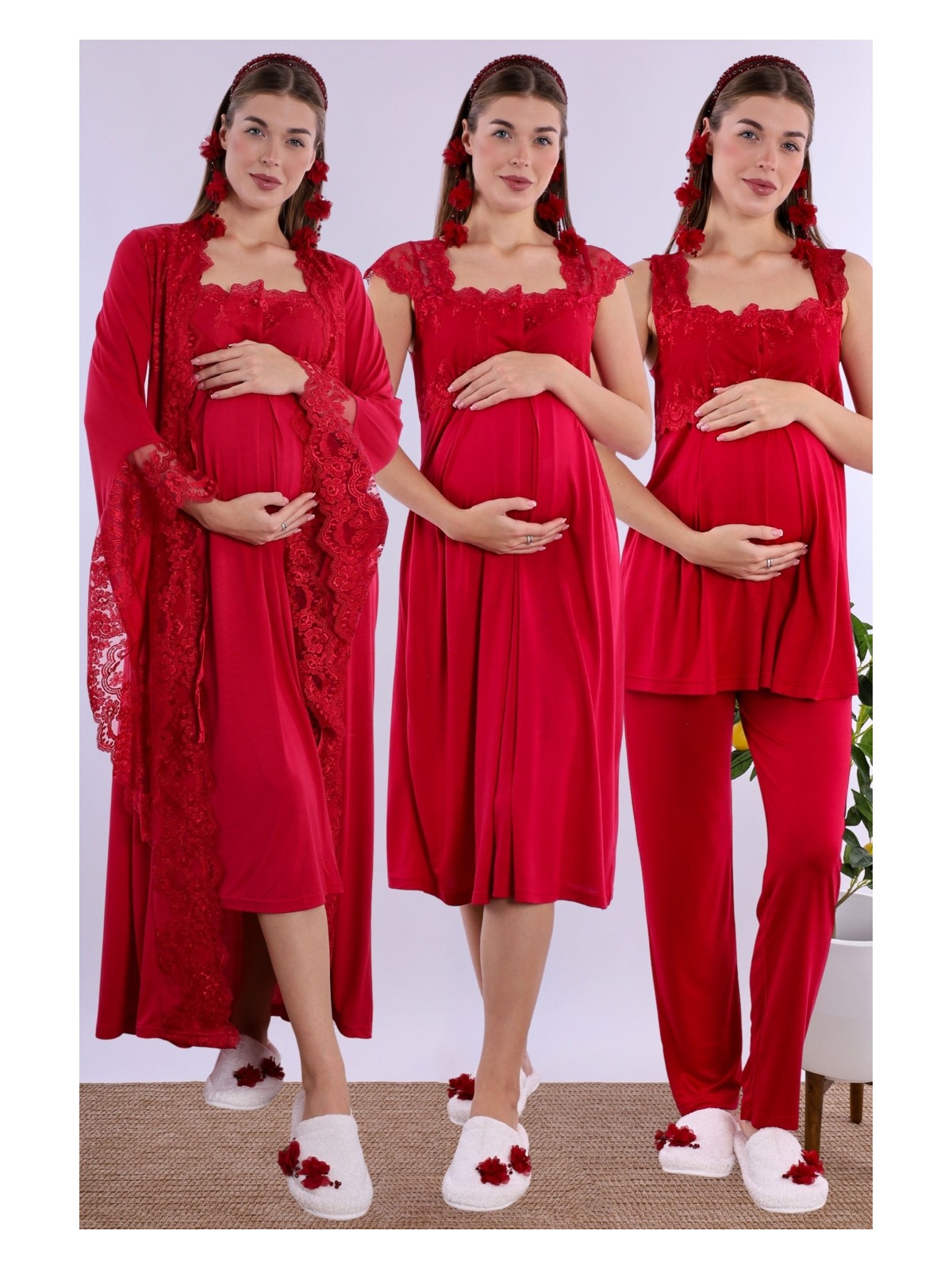 Effortt Vişne Dantelli Hamile Lohusa Set